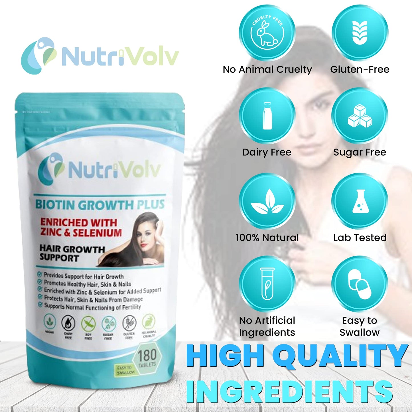 Nutrivolv Biotin Hair Growth - Zinc & Selenium - 180 Tablets - 10000ยตg - Hair Skin & Nails