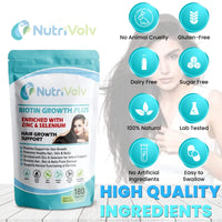 Nutrivolv Biotin Hair Growth - Zinc & Selenium - 180 Tablets - 10000ยตg - Hair Skin & Nails