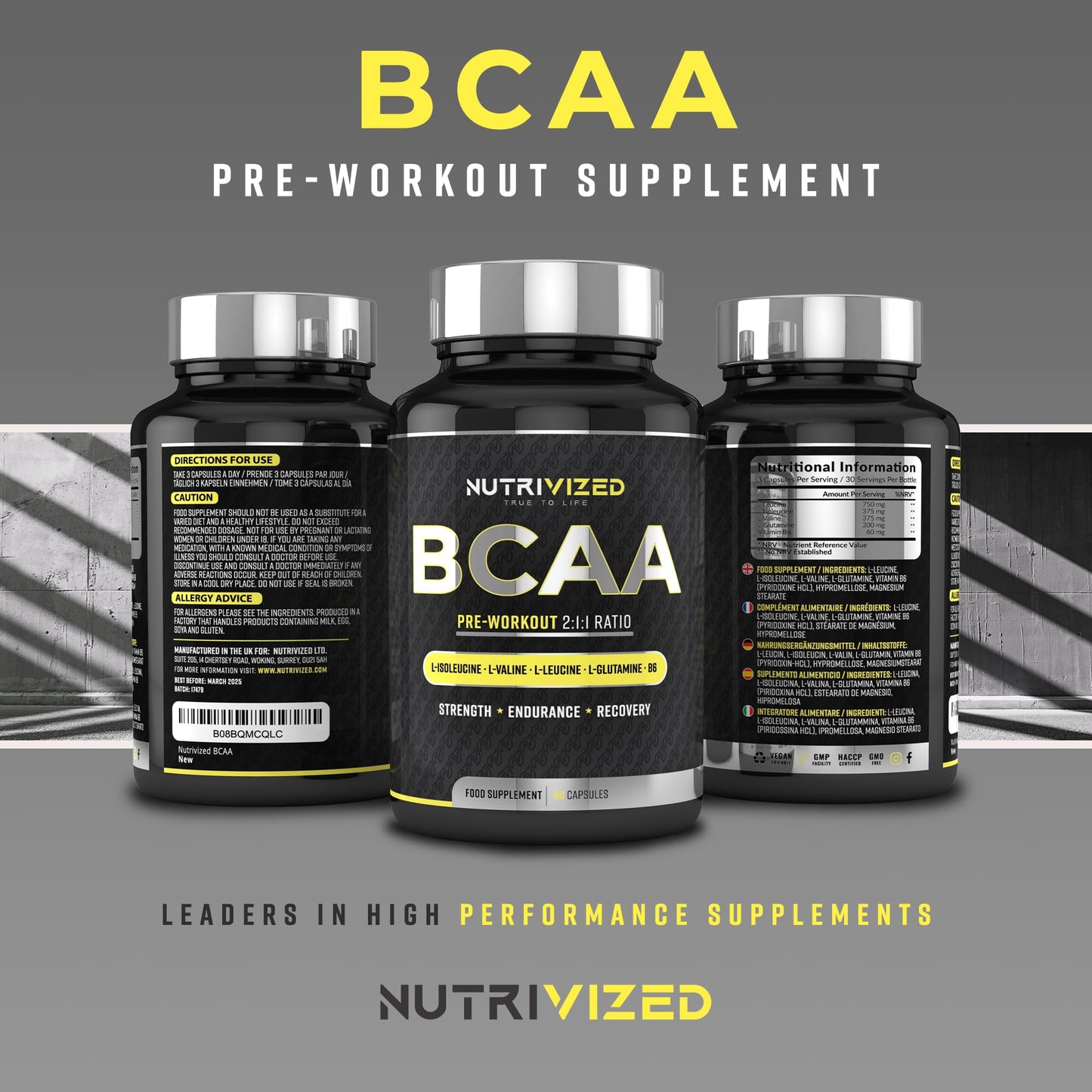 Nutrivized BCAA - 1800mg - 2:1:1 Branched Chain Amino Acid with L Glutamine - Vitamins B6 - Pre Workout for Men & Women - Vegan - Muscle Growth - Recovery - 90 Capsules - Made in The UK