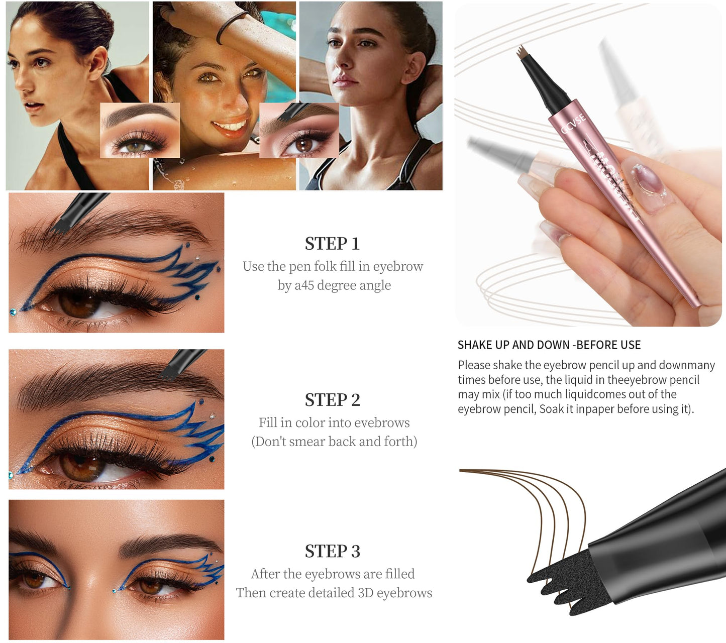 GCVSE Eyebrow Pencil, Rose Gold Microblading Eyebrow Pencil with 4 Micro-Fork Tips, Long-Lasting Brow, Waterproof, Smudgeproof Brow Pen - Easy Creation of Natural Looking Defined Eyebrows (Black)