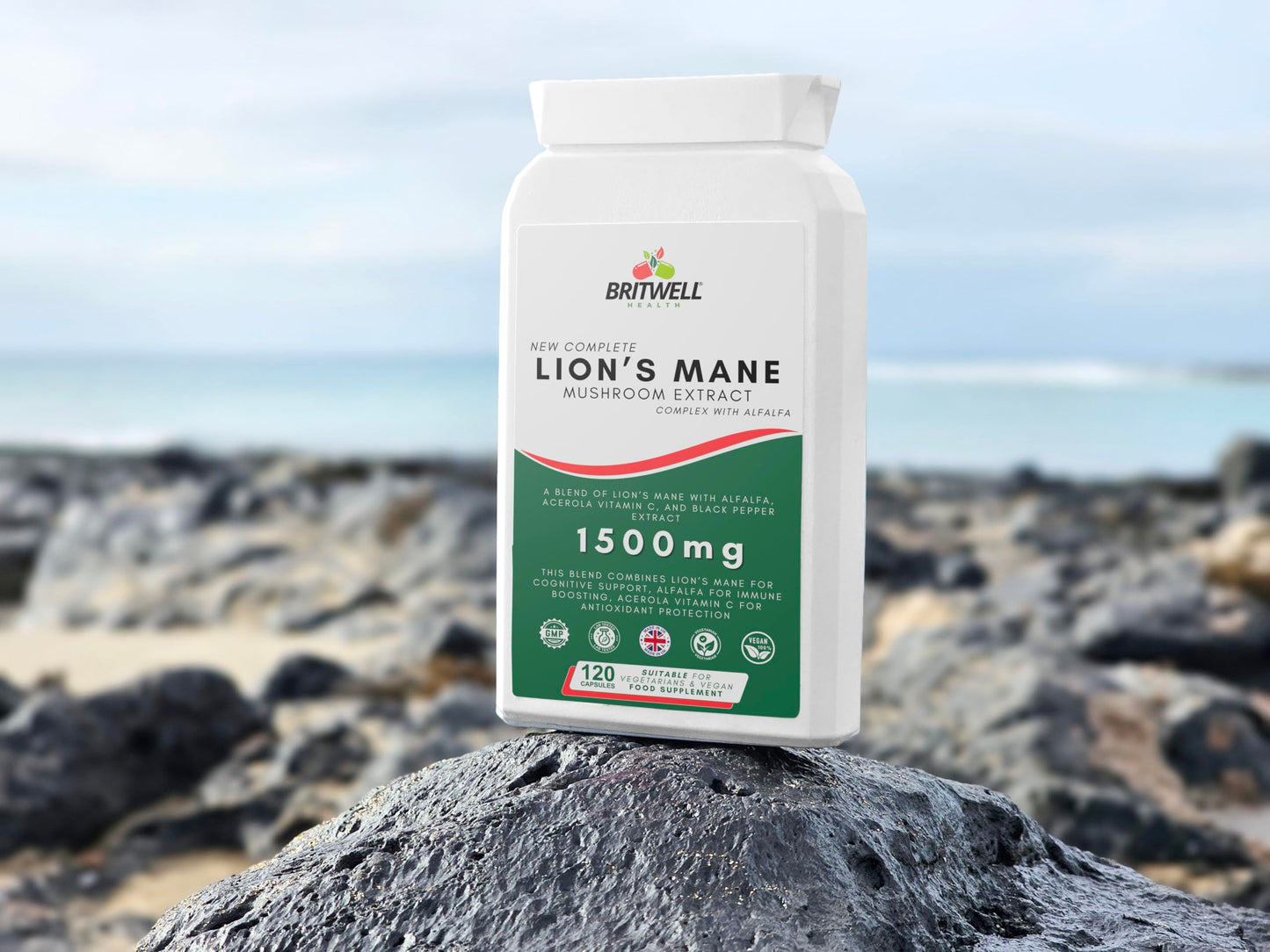 Lions Mane Mushroom Supplement High Strength 1500mg with Vitamin C - 120 Vegan Capsules with Alfalfa and Black Pepper Extract, 4 Month Supply Made in The UK -Focus & Immune Support - Britwell Health