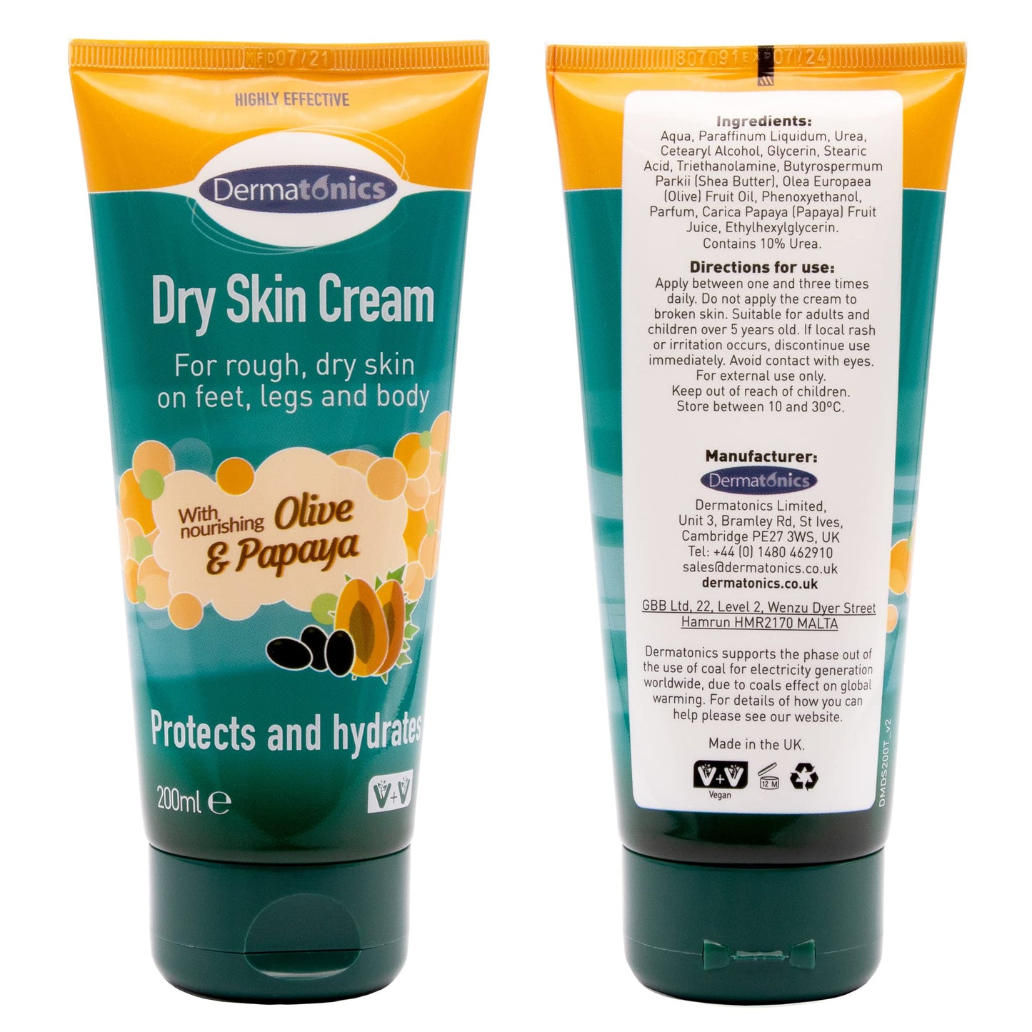 Dermatonics Natural Care Dry Skin Cream - Enriched with 10% Urea, Olive and Papaya Extracts, Long lasting Hydration and a Gentle Scent for Smooth, Supple Skin, Vegan Friendly, 200 ml