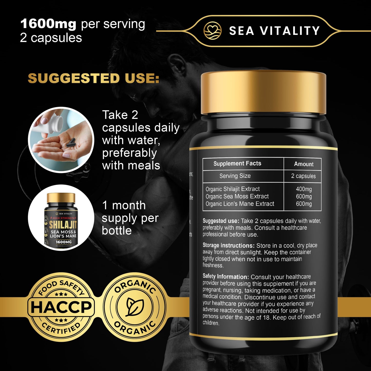 Shilajit SeaMoss and Lions Mane Capsules - 60 High-Strength Vegetable Capsules, 1600mg per Serving, Pure Shilajit, Natural Sea Moss, and Lion's Mane for Enhanced Cognitive and Physical Health