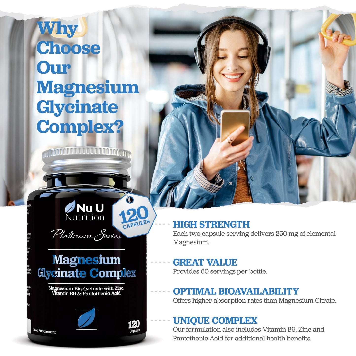Magnesium Glycinate with Vitamin B6, Zinc and Pantothenic Acid - 120 Vegan Capsules - 250mg Elemental Magnesium from Chelated Magnesium per Serving - High Strength Magnesium Bisglycinate
