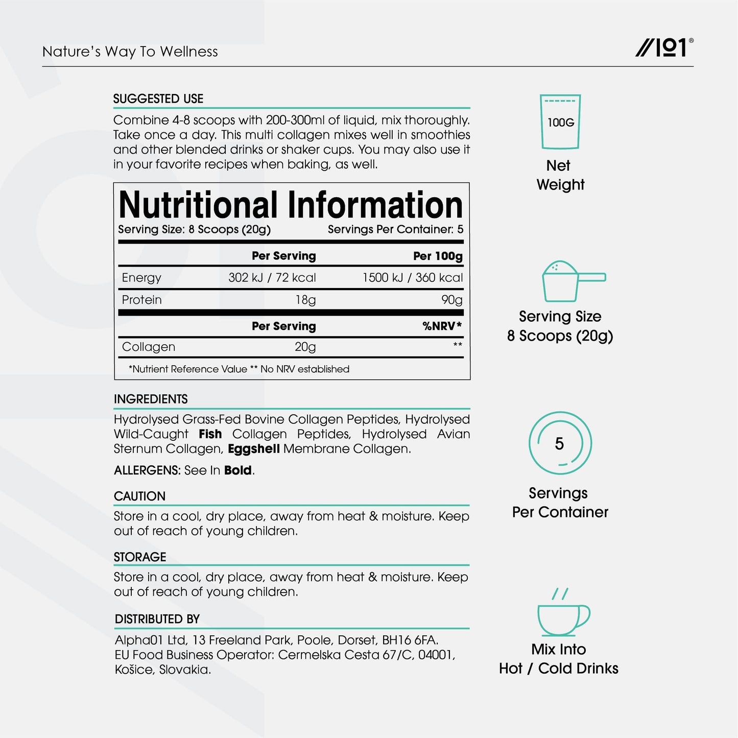 Multi Collagen Protein Powder (100g) - Types I, II, III, V & X - Hydrolyzed Grass Fed Bovine, Wild Caught Fish, & Free-Range Chicken & Eggshell Collagen. Non-GMO, Halal.