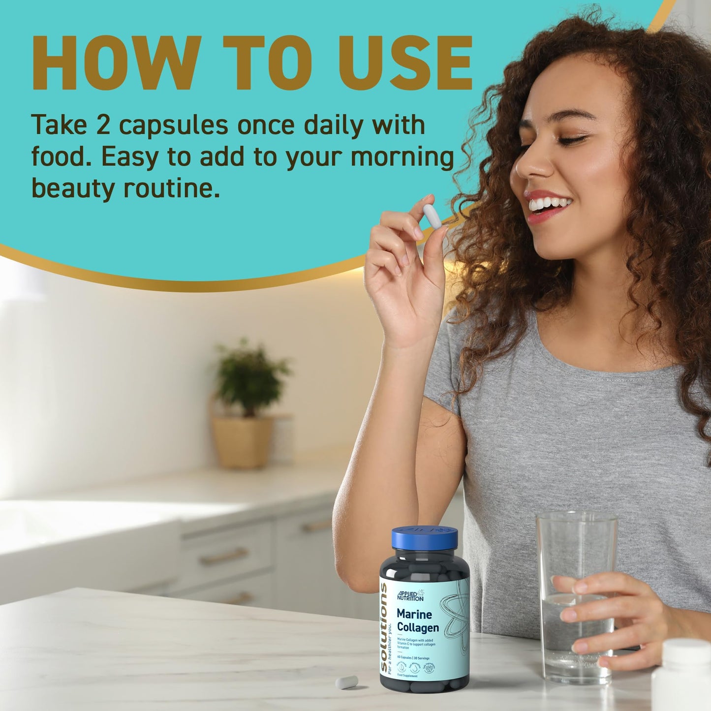 Applied Nutrition - Solutions - Marine Collagen - High Strength Type I Hydrolysed Collagen Capsules - Skin, Hair, Nail & Joint Support - 60 Capsules - 30 Servings