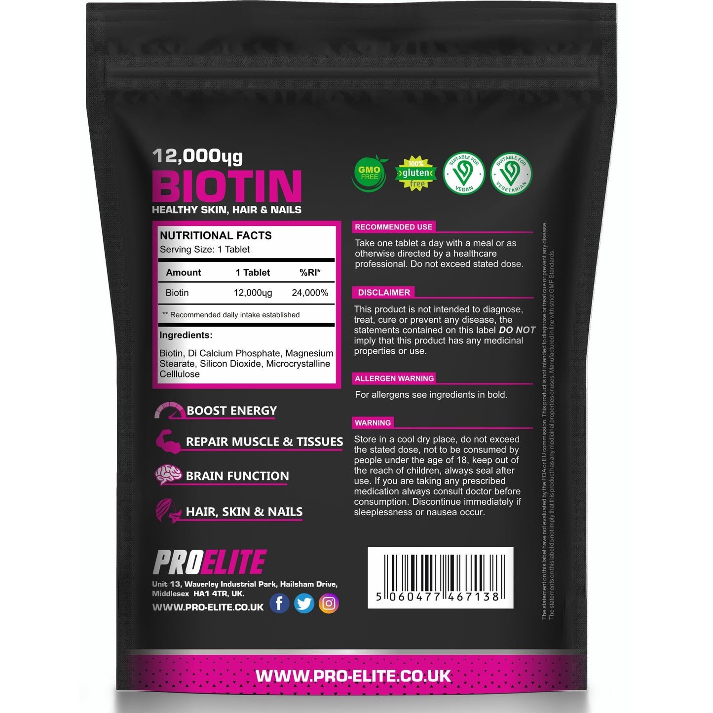 Biotin Hair Growth Supplement 12,000mcg - 120 Vegan High Strength Biotin Tablets - Hair and Nails Vitamins for Women & Men - Supports Hair, Skin & Nail Growth Vitamin B7 Tablets - PROELITE