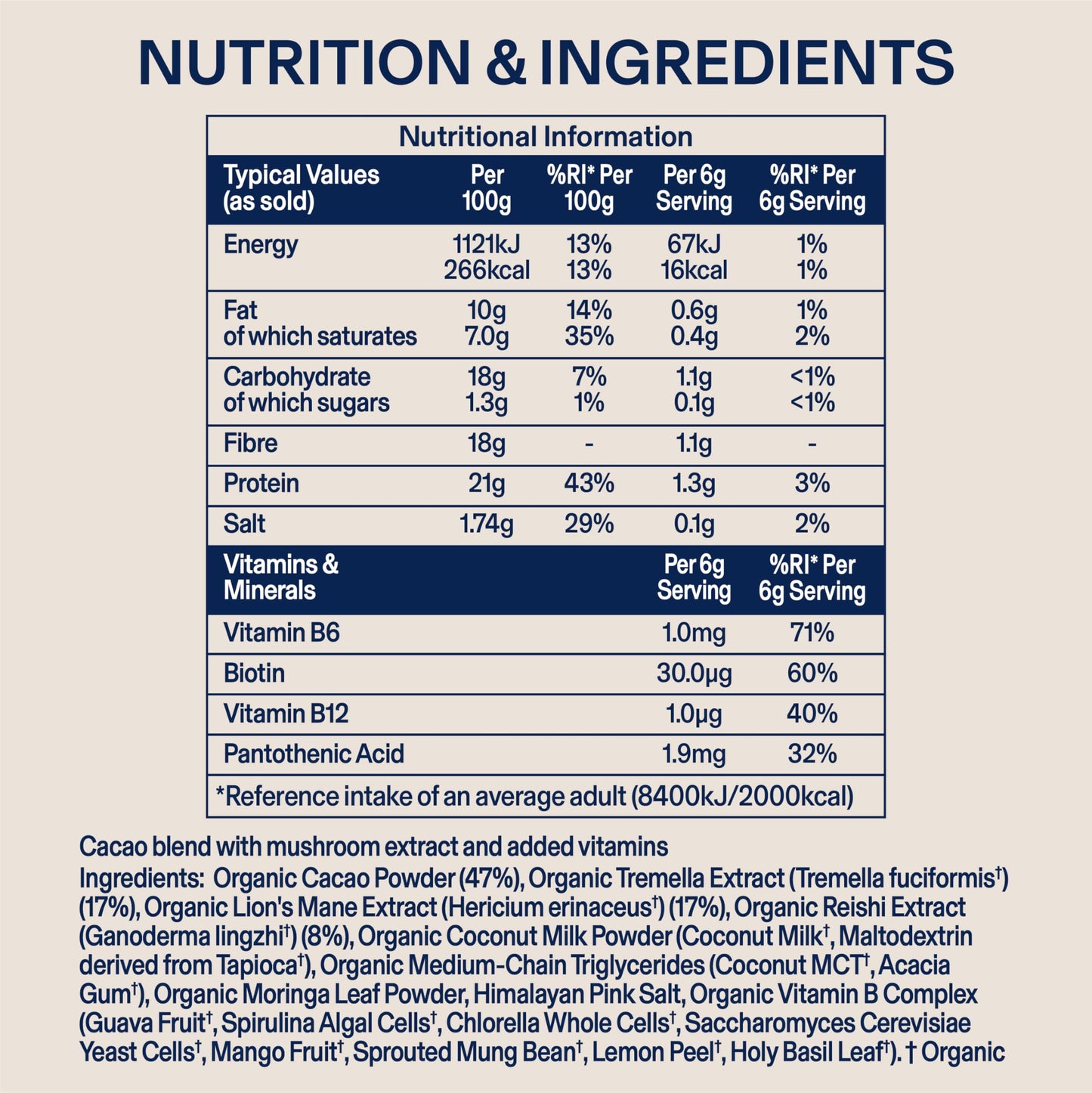 DIRTEA Cacao with Lion's Mane, Reishi & Tremella | 100% Organic Cacao with MCT & Moringa | 2,500mg Mushrooms per Serving | Vegan & Non GMO | 180g - 30 Servings