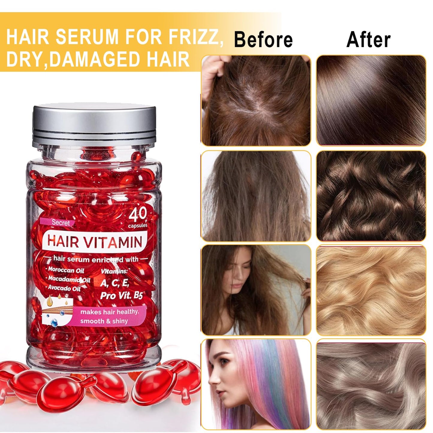 ZhongShuang 40 Pcs Hair Vitamin Serum Capsule Hair Vitamins Hair Serum, Enriched with Moroccan Oil, Macadamia Oil, Avocado Oil Makes Hair Smooth and Shiny