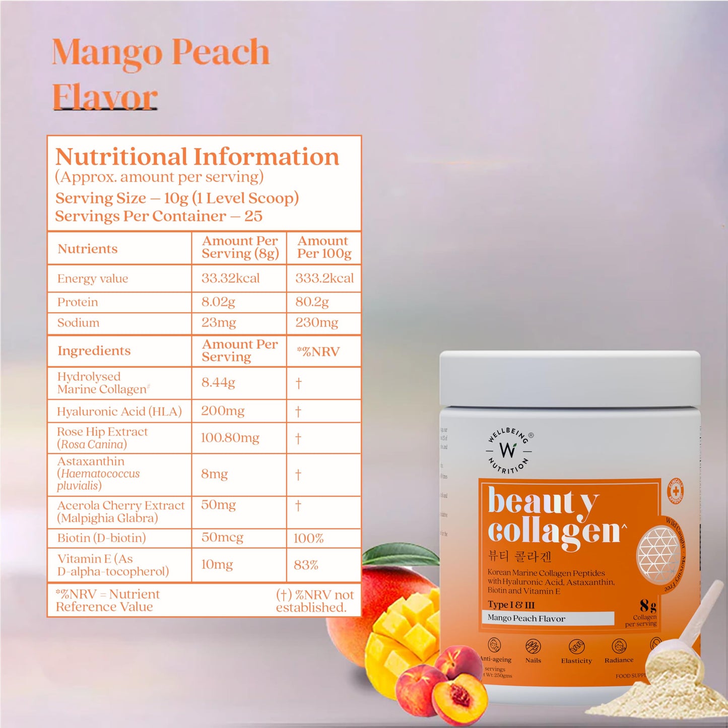 Wellbeing Nutrition Beauty Japanese Marine Collagen - Mango Peach Flavor - 250g