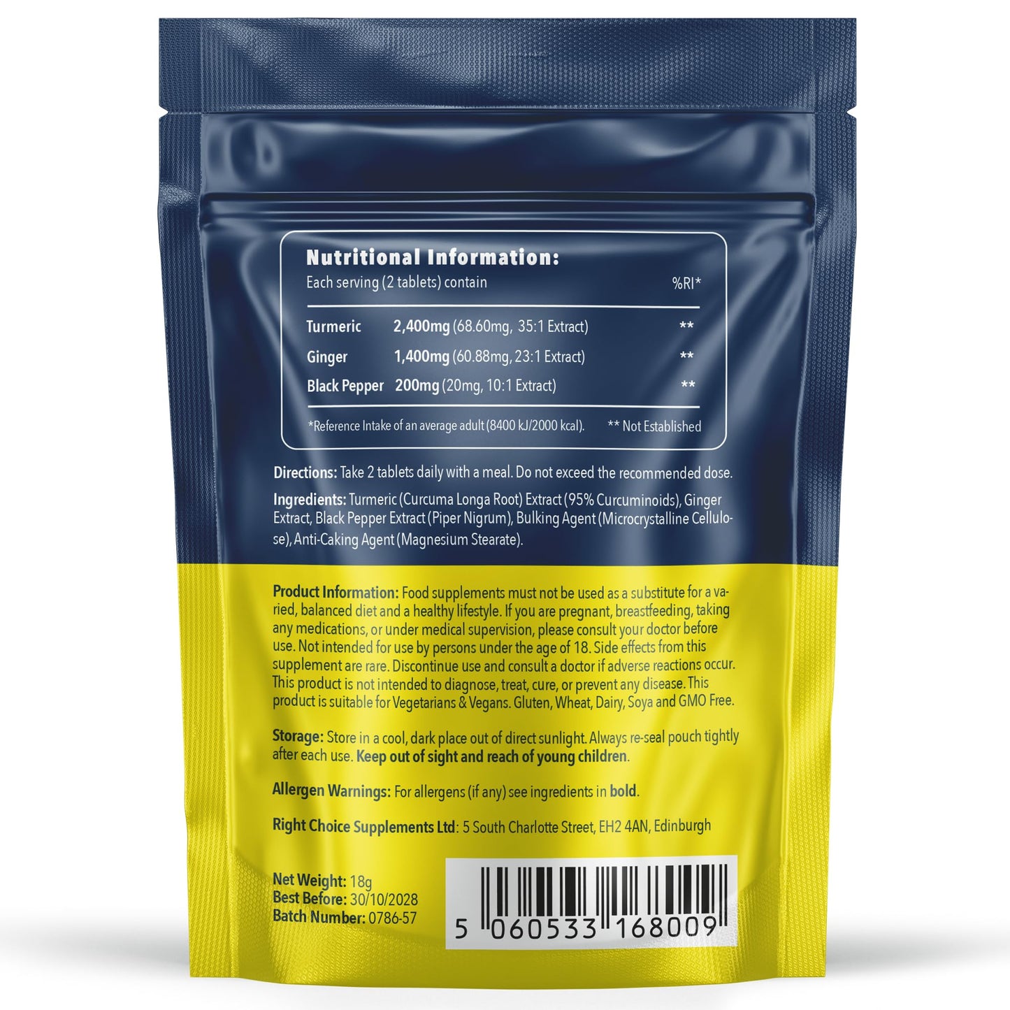 Right Choice Supplements Turmeric, Ginger & Black Pepper 4000 mg Tablets (per Serving), High Strength Curcumin Supplements, Vegan and Gluten Free, UK Made, 120 Count