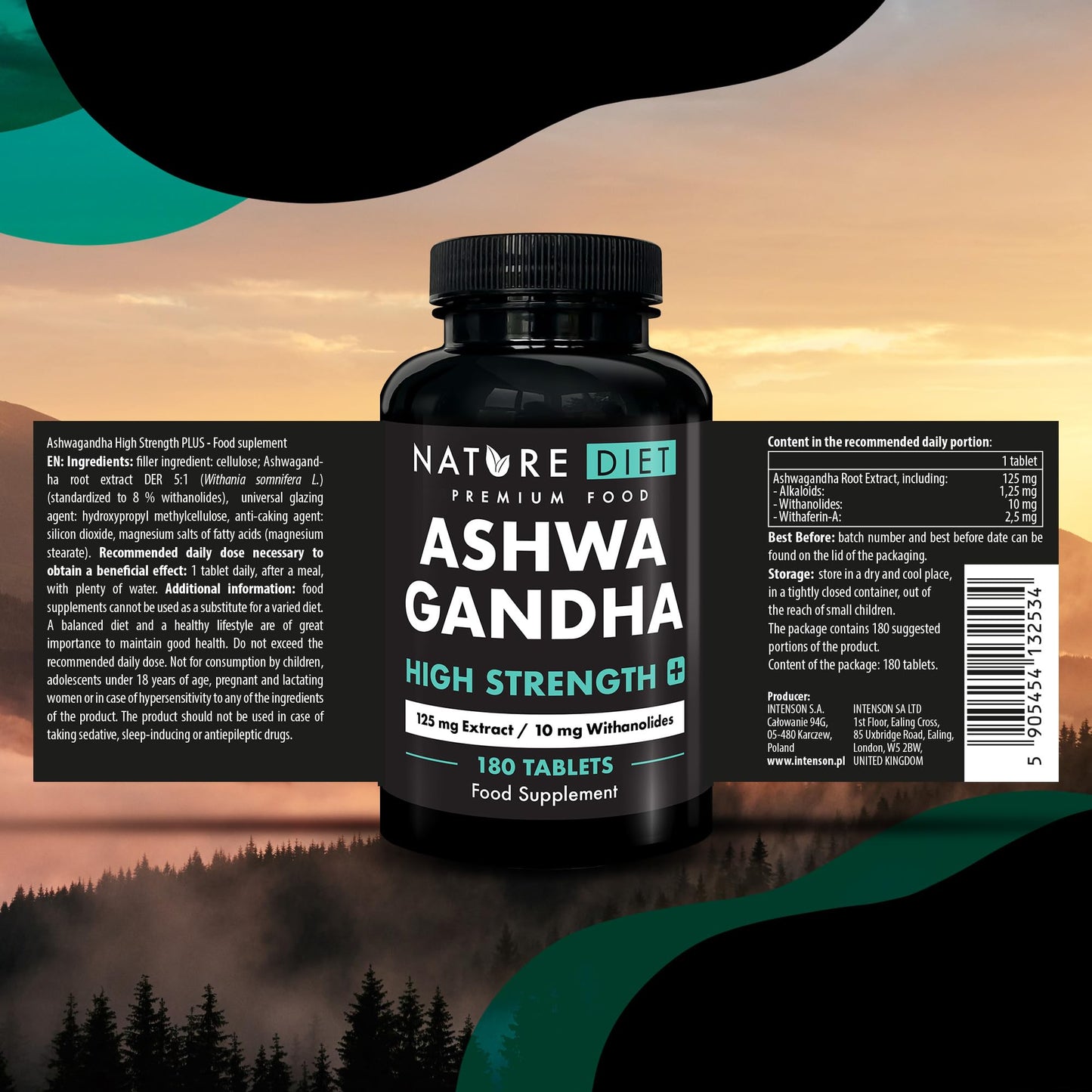 Ashwagandha High Strength Plus | 125 mg Root Extract with 10 mg Withanolides | 180 Vegan Tablets | 6-Month Supply | Supports Stress & Anxiety Relief, Better Sleep, and Energy Balance | by Nature Diet