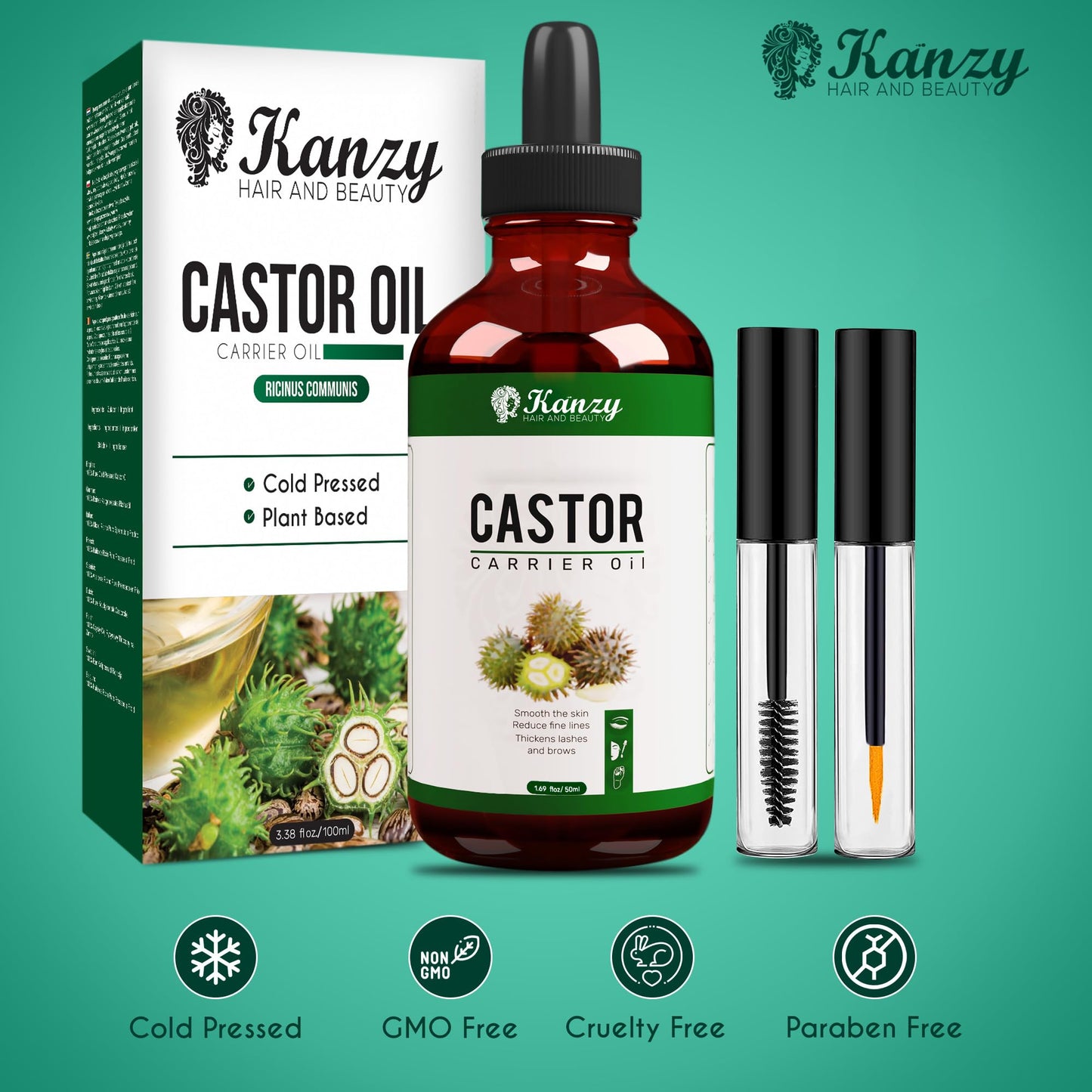 KANZY HAIR AND BEAUTY Kanzy Castor Oil for Eyelashes and Eyebrows 100ml Cold Pressed Castor Oil for Hair Growth 100% Natural and Pure Oil with Brushes For Hair, Beard, Nails and Skin