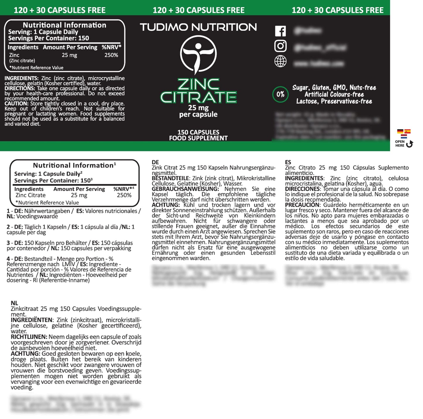 Zinc Citrate 25mg Capsules - 150 pcs (5 Month Supply) of Rapidly Disintegrating Capsules, Each with 25 mg of Premium Quality Zinc Powder