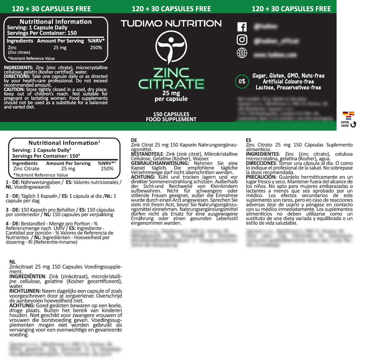 TUDIMO Zinc Citrate 25mg Capsules - 150 pcs (5 Month Supply) of Rapidly Disintegrating Capsules, Each with 25 mg of Premium Quality Zinc Powder