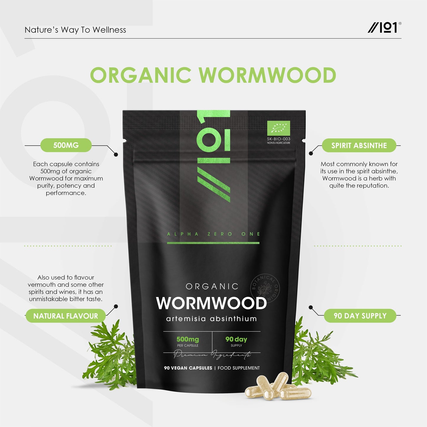 Organic Wormwood 500mg – High Strength Artemisia Absinthium Supplement – 90 Vegan Capsules (3 Months Supply) - Resealable and Recyclable Pouch – by Alpha01