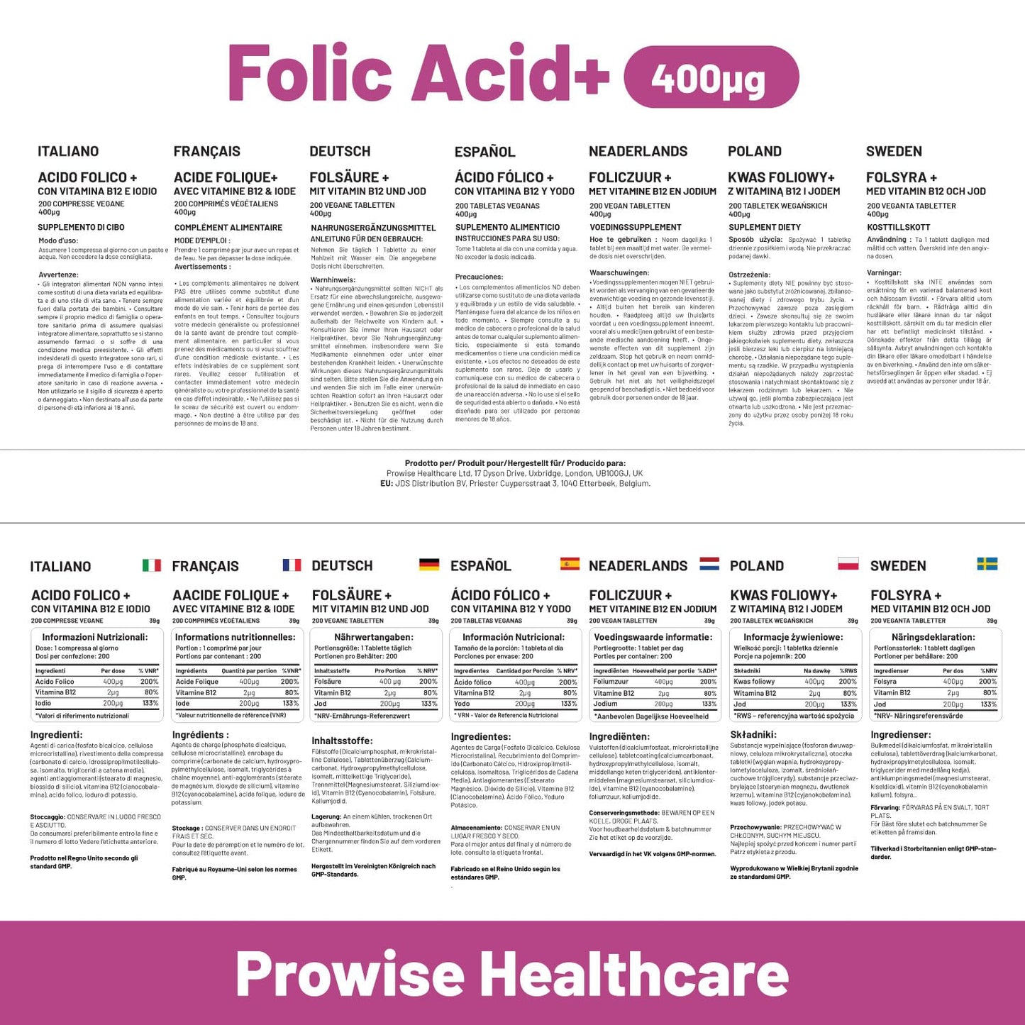 Folic Acid+ 400 mcg - Vegan Tablets with Vitamin B12 & Iodine | Vitamin B9 Tablets | Pregnancy Care Supplement - Supports Immune System & Maternal Tissue Growth | Made in UK by Prowise