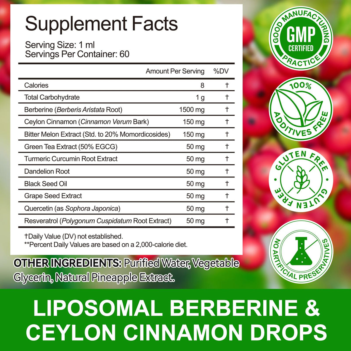 VOSIFSDIY Berberine Supplement with Ceylon Cinnamon, Berberine Liquid Drops with Turmeric Curcumin, Ceylon Cinnamon, Bitter Melon, Digestive Health Support, Immune Support, 60ml