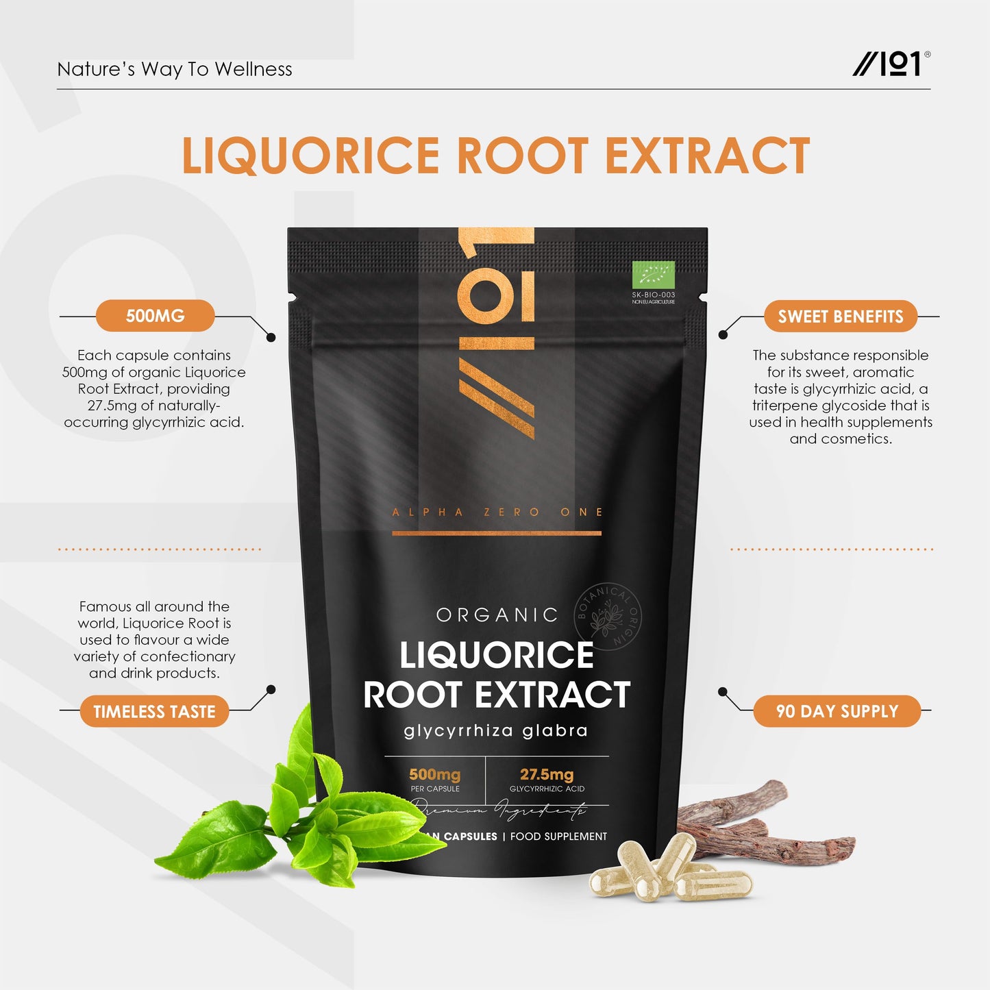 Organic Liquorice Root Extract 500mg – Standardised 5.5% Glycyrrhizic Acid Supplement – 90 Vegan Capsules (3 Months Supply) – Resealable and Recyclable Pouch by Alpha01