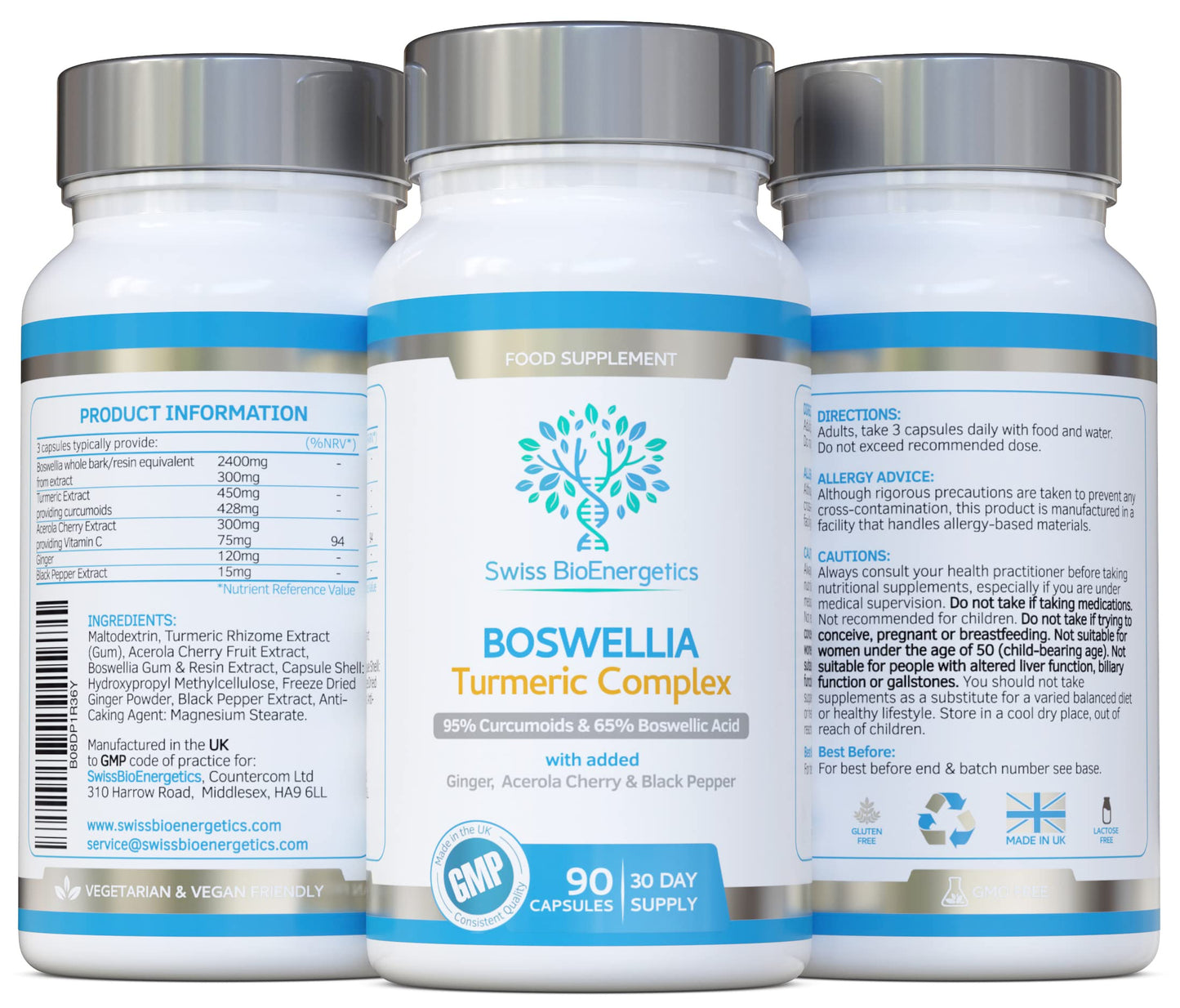 Boswellia & Turmeric Complex – 90 Capsules – Super High Strength Curcumin containing Minimum 95% Curcumoids & 65% Boswellic Acid - UK Made