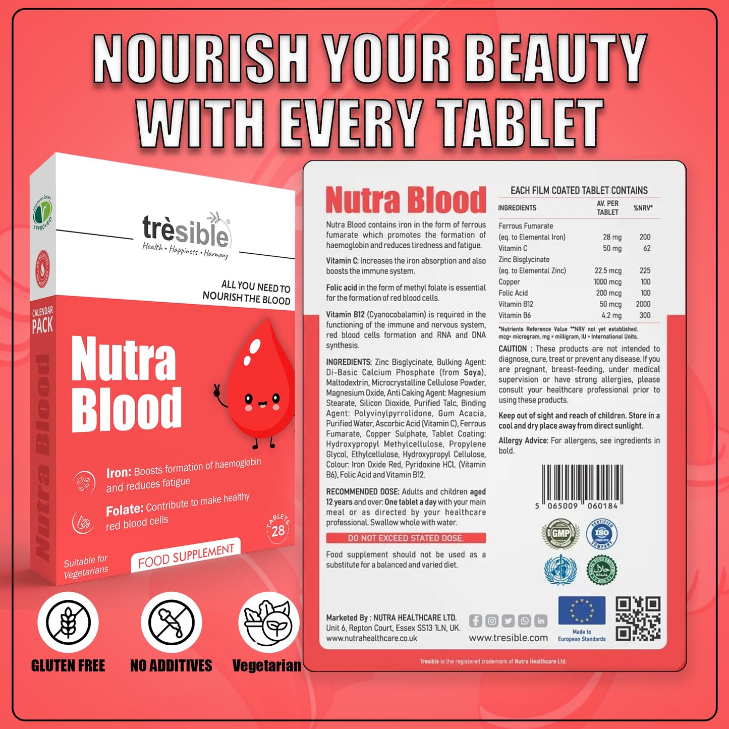 Tresible Trèsible Nutra Blood Iron Tablets High Strength (4-Week Supply) Vitamins C, B12 - B6 & Folic Acid Iron Supplement for Women & Men to Reduce Tiredness and Support Immunity, Iron Tablets Women & Men