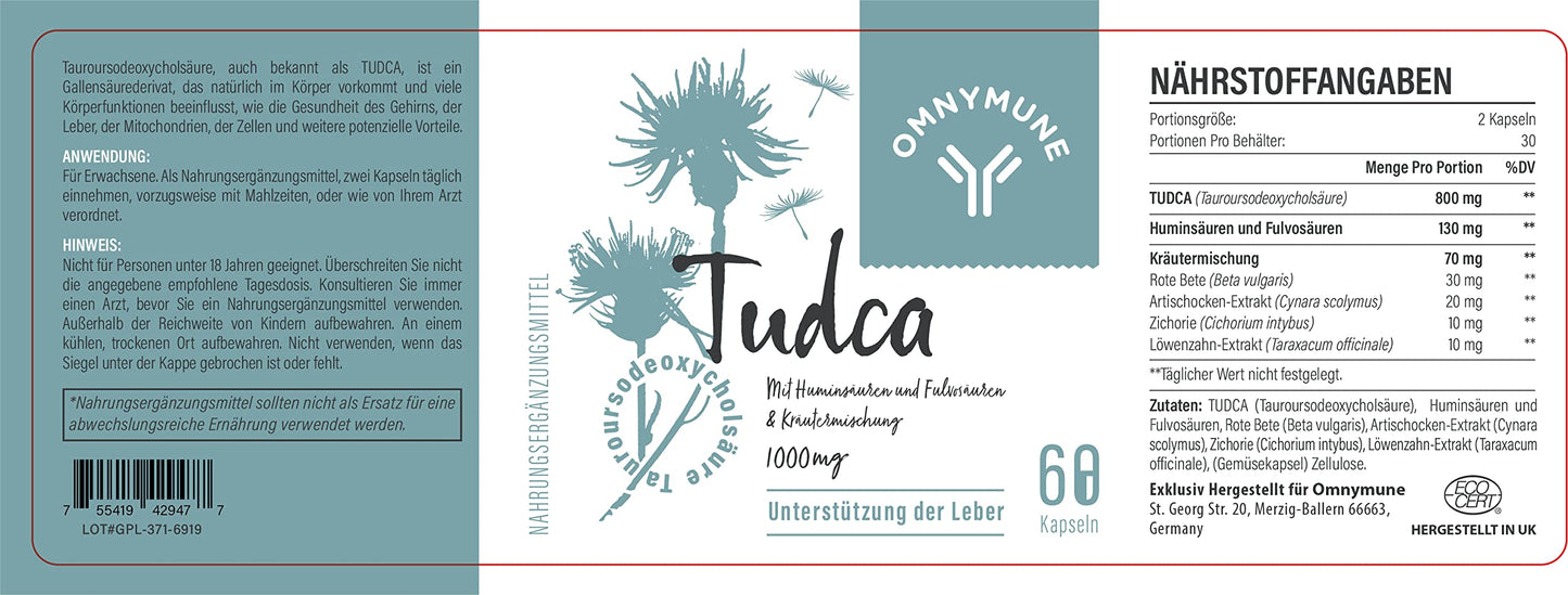 Tudca Liver Support Supplement,Tauroursodeoxycholic Acid Complex 1000mg Per Servings, Bile Salts for Detox Cleanse & Repair,Kidney,Gallbladder,60 Capsules