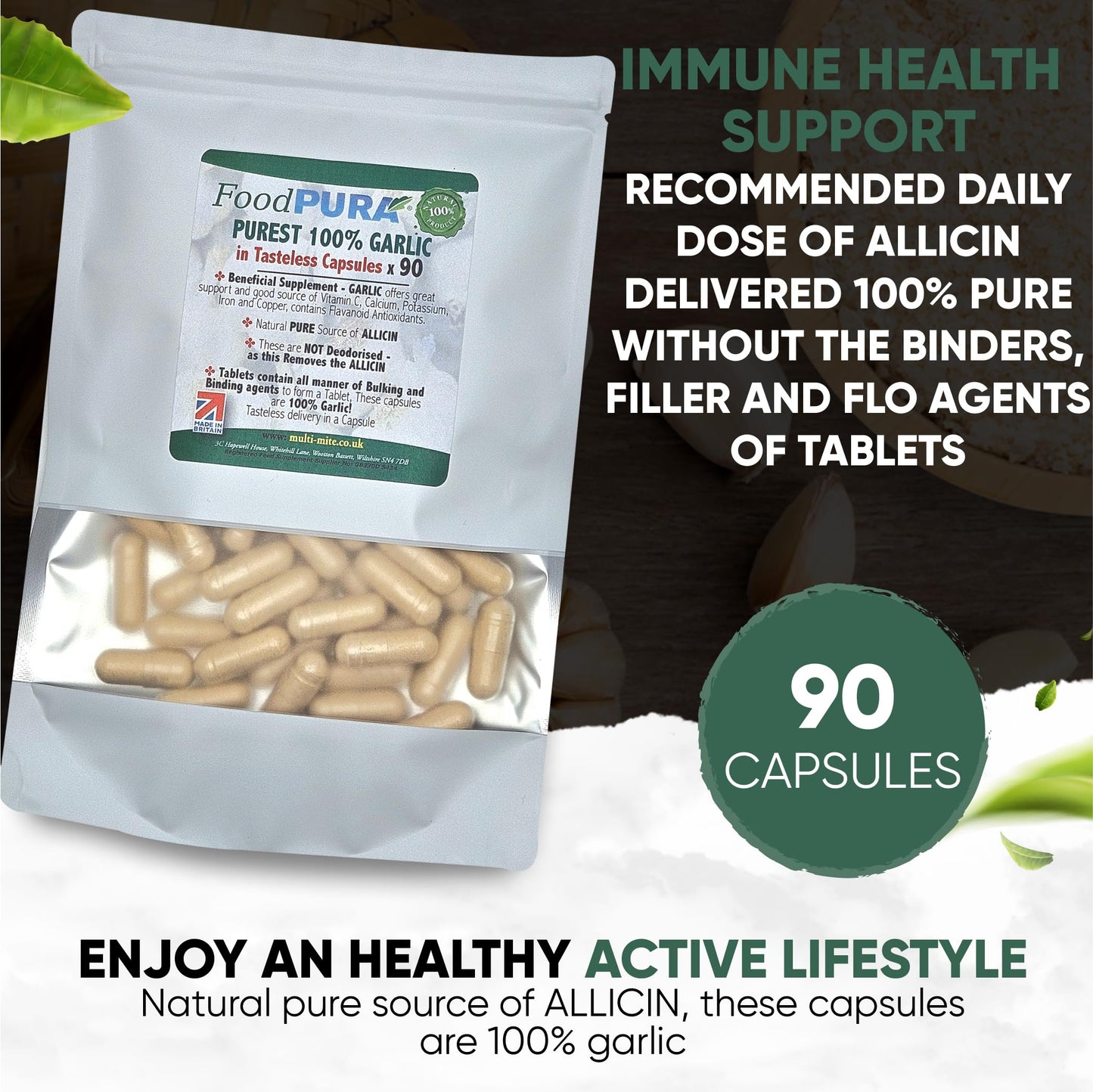 FoodPURA Pure Garlic Capsules Recommended Daily Strength 1000mg HACCP Certified, Manufactured in The UK by FoodPURA 1 Pack of 90 Capsules