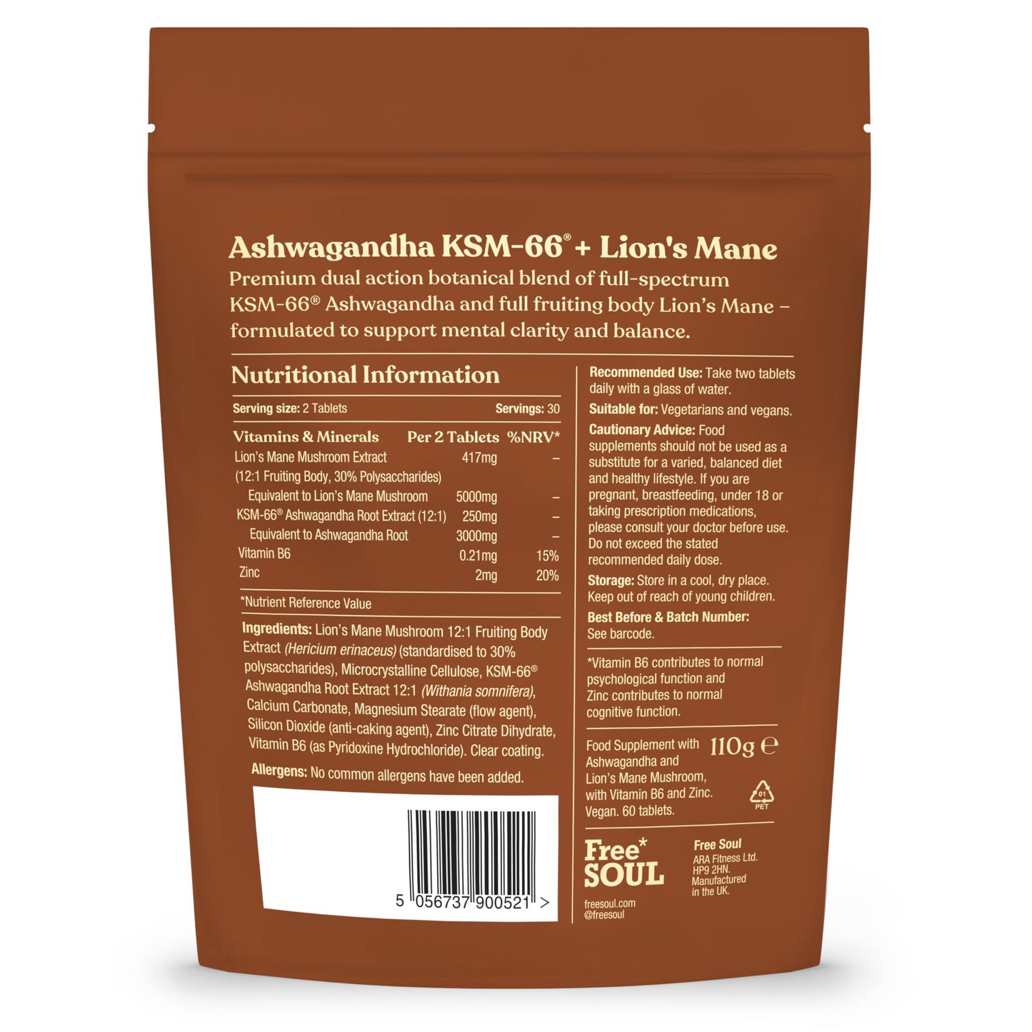 Ashwagandha KSM-66® + Lion’s Mane Complex | 5000mg Lion’s Mane + 2500mg Ashwagandha High Strength | Added + Zinc + Vitamin B6 | Cognitive & Mood Support | Vegan Tablets | Free Soul