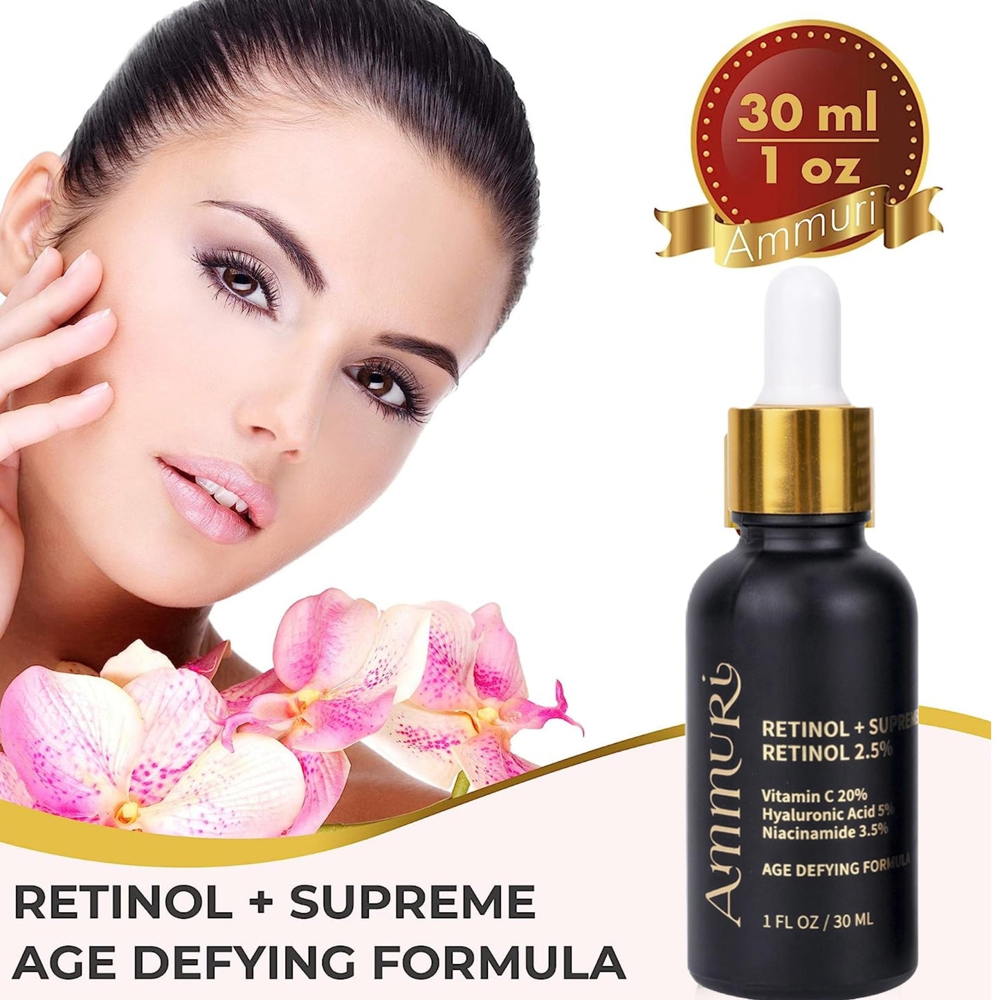 Ammuri Retinol + Supreme Serum 2.5% Vitamin C 20% with Hyaluronic Acid & Vitamin E, Face Serum, for Wrinkles, 5% Niacinamide 3.5% Anti Aging Skin Repair, Supercharged Face Serum