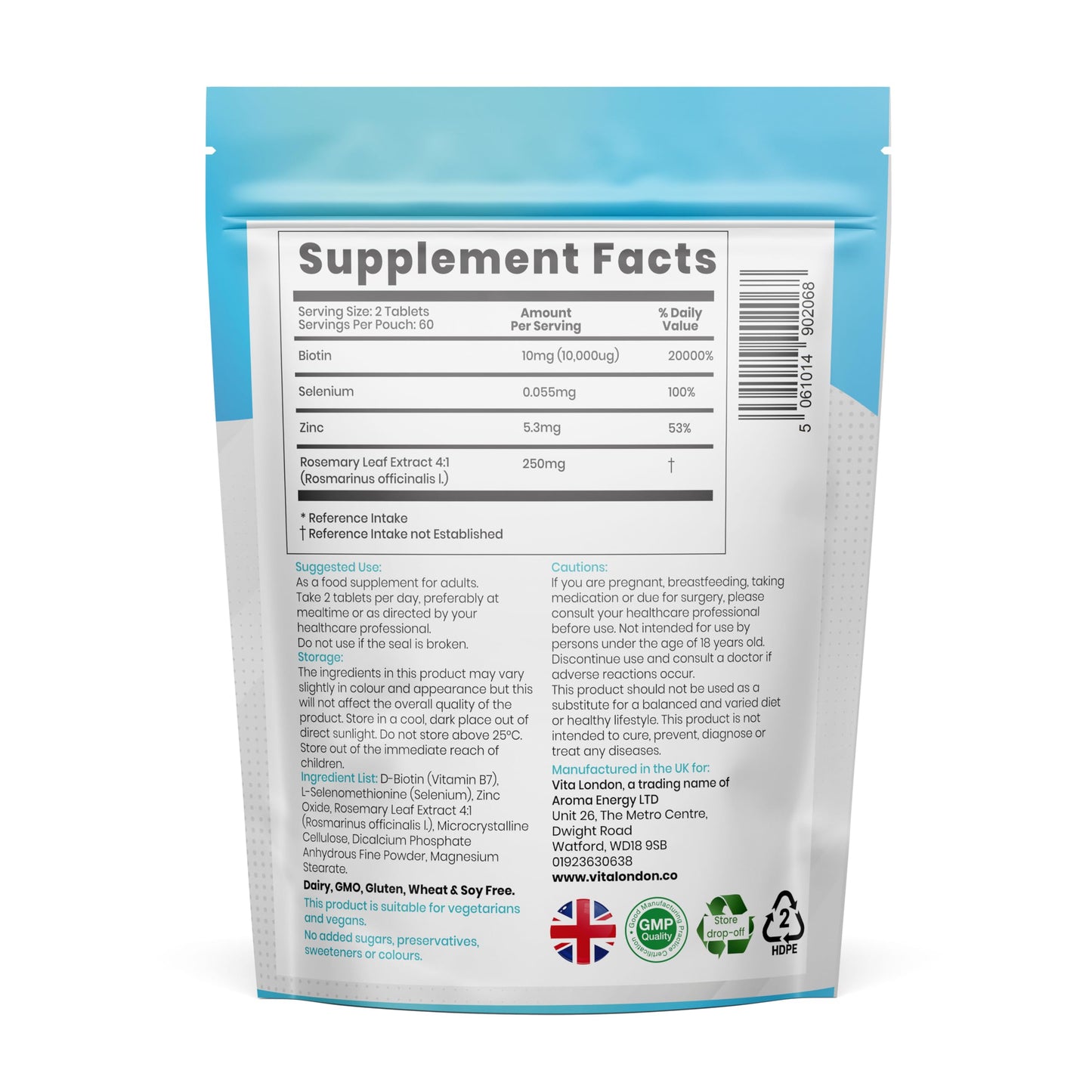VL Vita London Biotin for Hair Growth Women & Men 10,000ug | Hail, Skin and Nails Vitamins Growth Complex with Zinc & Selenium & Rosemary | 120 Biotin Tablets (not Gummies, Capsules or serum) | Vegan, UK Made