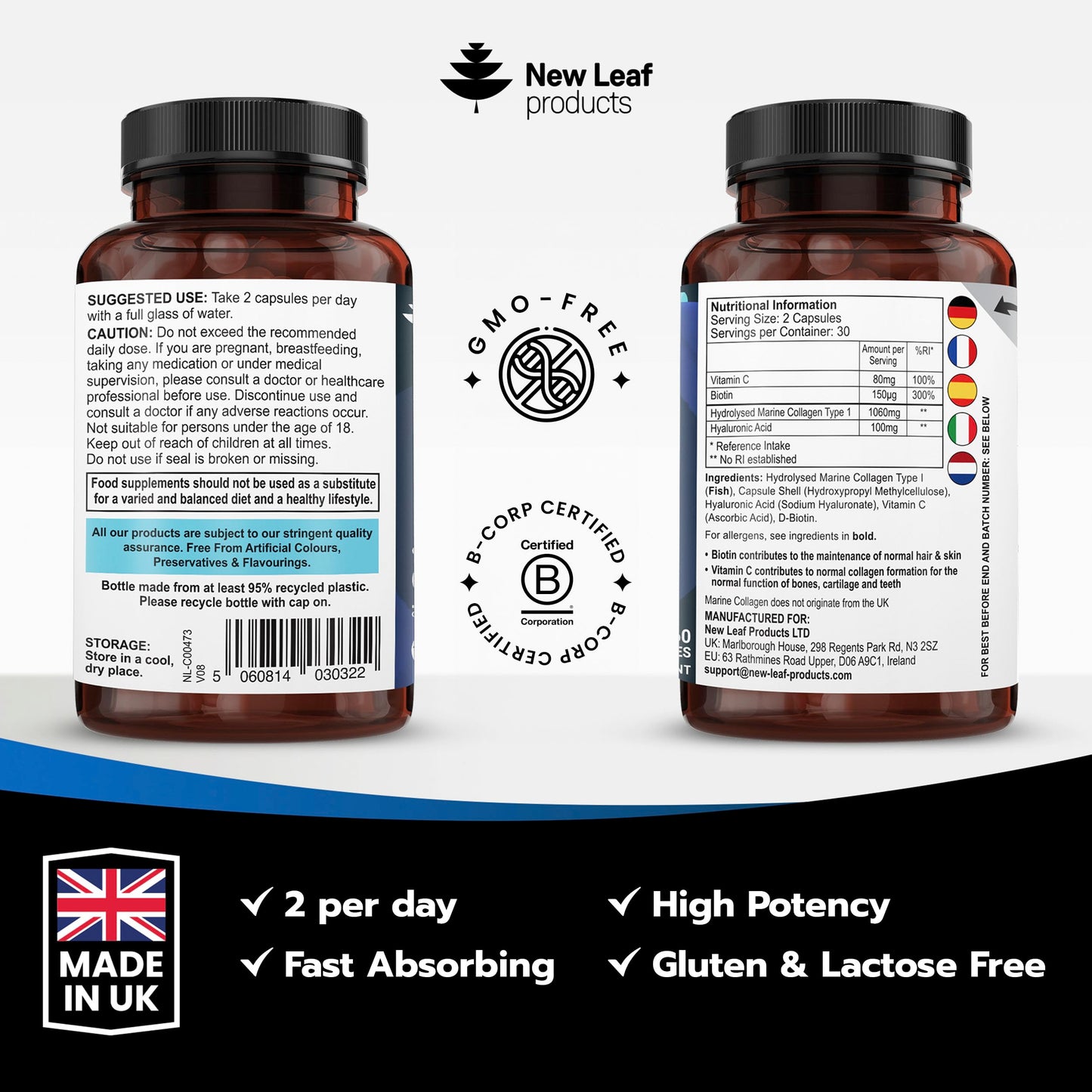 NEW LEAF PRODUCTS Pure Marine Collagen 100% Marine Collagen Type 1 Hydrolysed Collagen Peptides Enhanced with Hyaluronic Acid & Vitamin C -Essential Amino Acids - Collagen Supplements for Women and Men, 60 Capsules