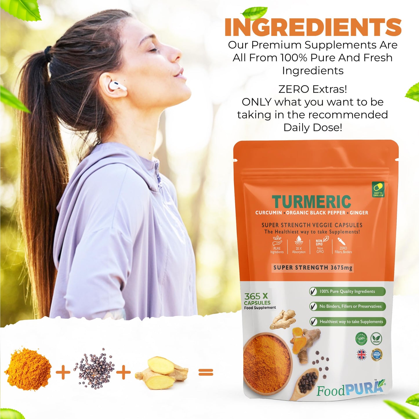 FoodPURA Turmeric Curcumin Capsules with Black Pepper & Ginger High Strength 3675mg HACCP Certified, Manufactured in The UK by FoodPURA (365)
