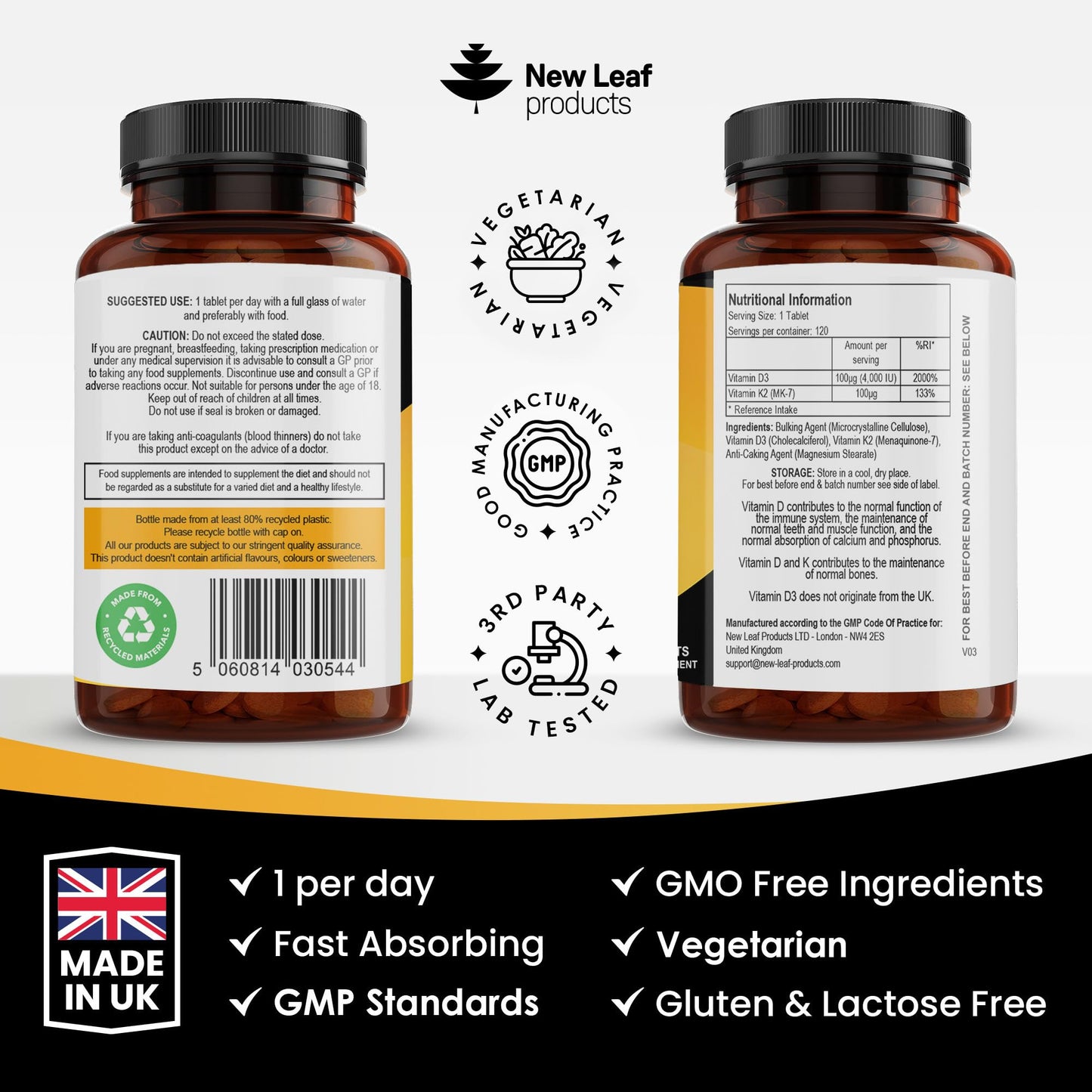 Vitamin D3 K2 - Vitamin D3 4000iu & Vitamin K2 100ug (MK7) 4 Months Supply, Supports Immunity, Calcium Absorption and Bone Health, Non-GMO, UK Made by New Leaf 365 Micro Small Vegetarian Tablets,