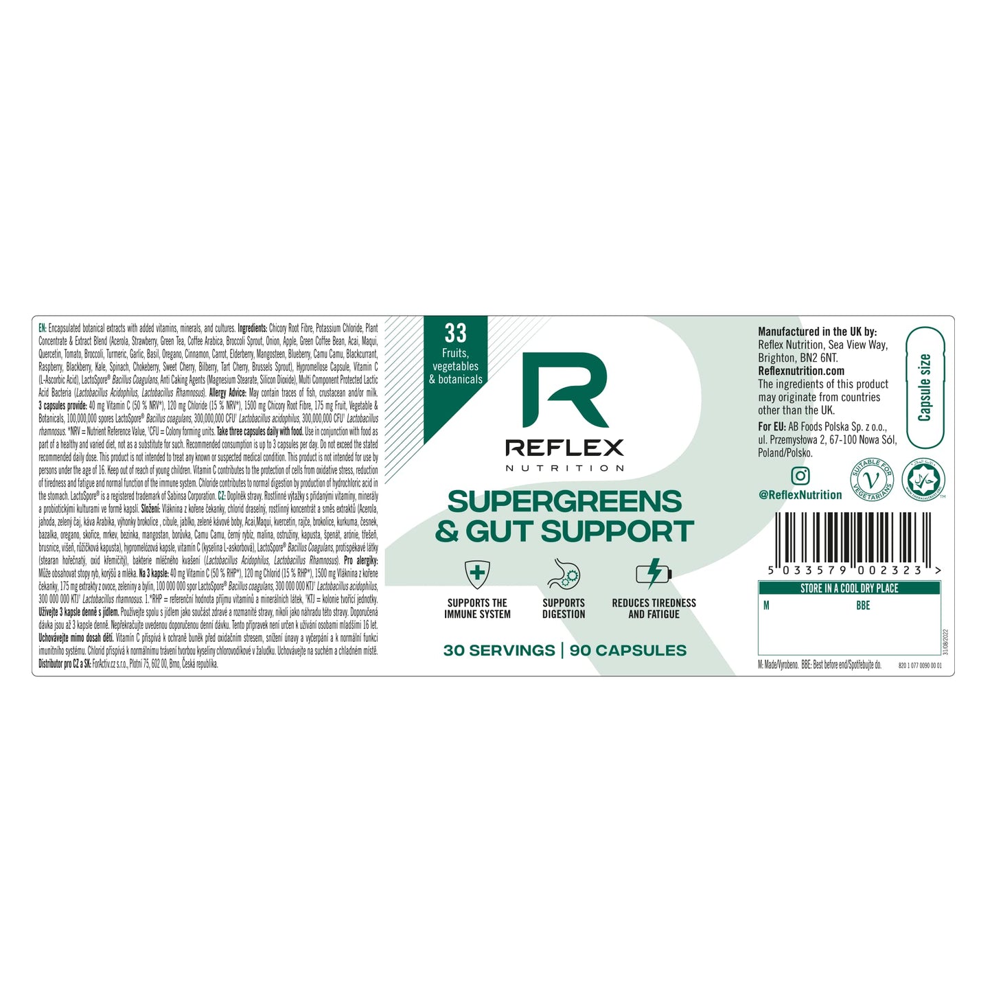 Reflex Nutrition Super Greens and Gut Support Capsules, 33 superfoods, Prebiotics and Probiotics, 90 Caps