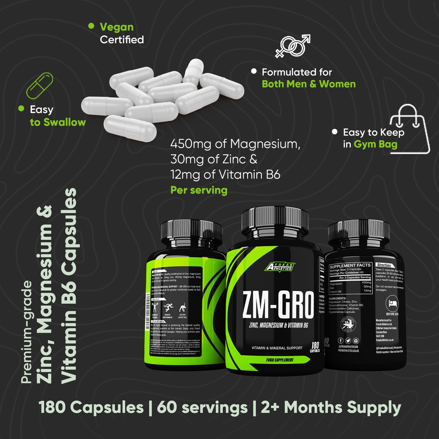 Freak Athletics ZM-GRO - Zinc, Magnesium & Vitamin B6 Capsules | 180 Vegan Capsules | Muscle Recovery, Sleep & Immune Support | High Absorption Formula | Made in The UK