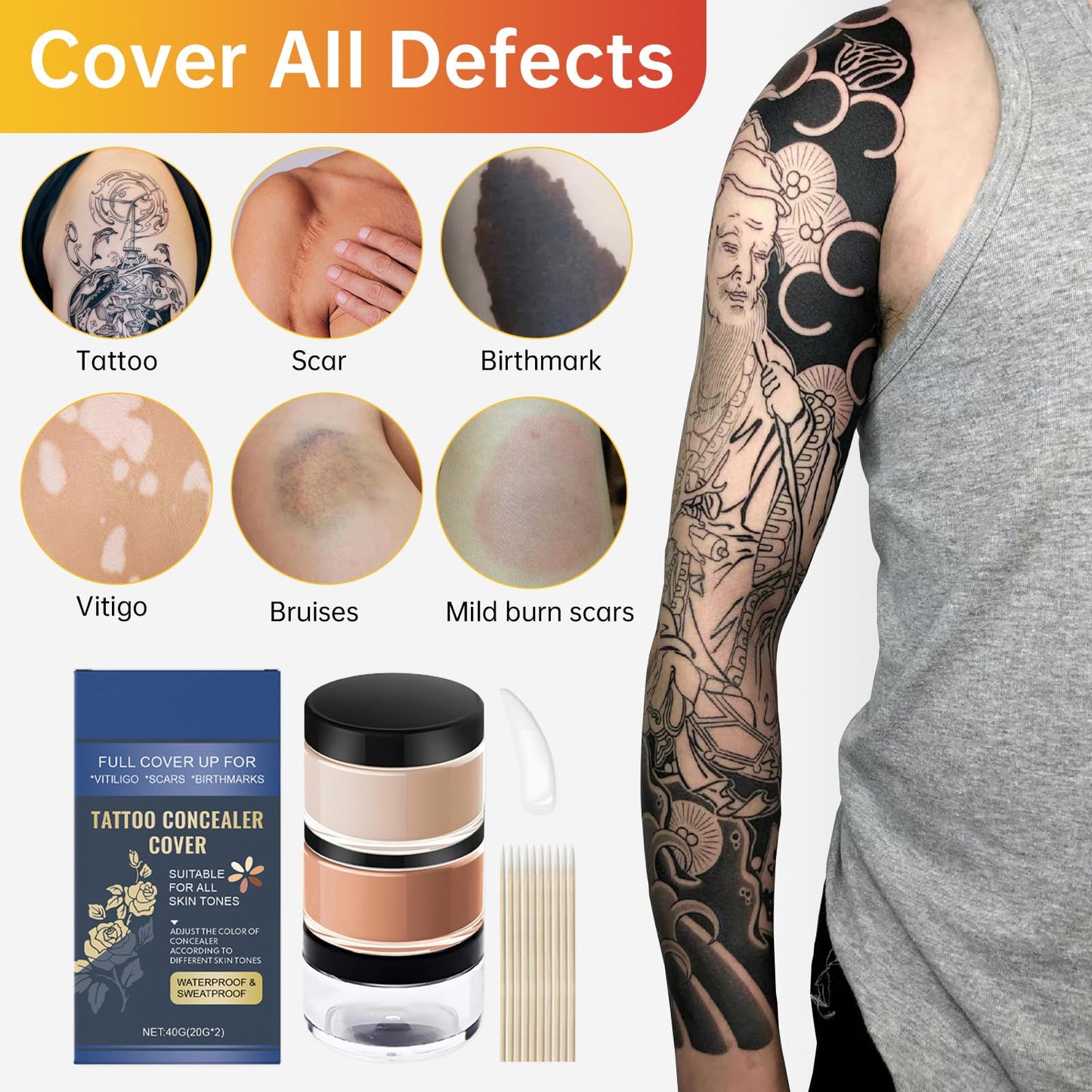 HERBINSOLS Tattoo Cover up Makeup Waterproof - 2 Colors Tattoo Concealer Full Coverage - Natural Body Makeup for Scars and Bruises - Bruise Cover up makeup for All Skin Tones(Light & Dark)
