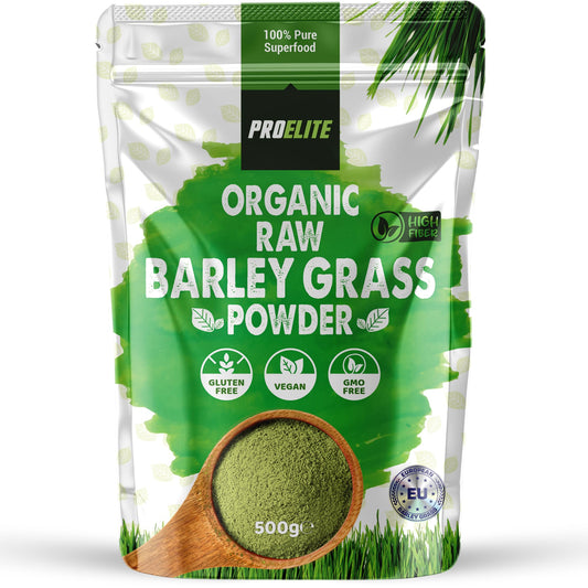 Organic Barley Grass Powder 500g - Certified Organic Grown in EU - 100% Raw Natural Gluten Free Superleaf Superfood Powder for Smoothies & Juices PROELITE