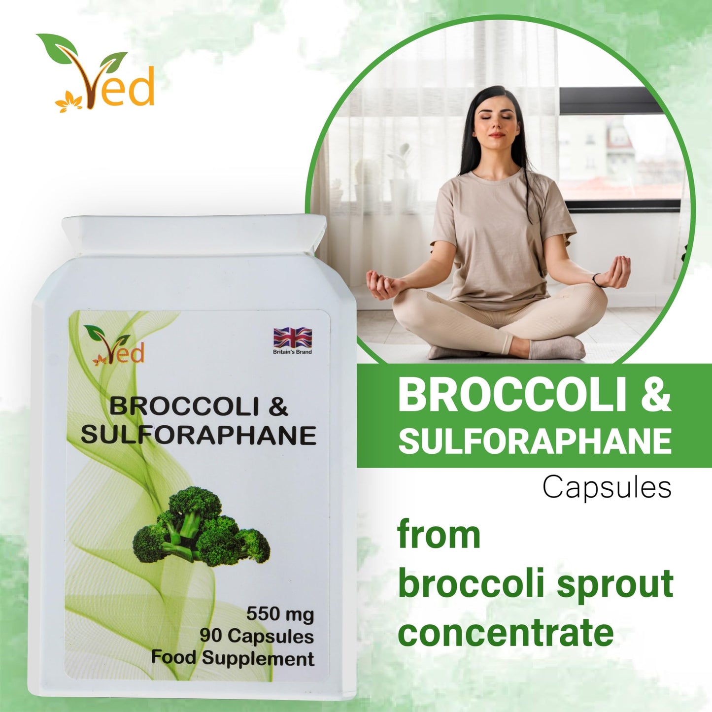 VED Ved Broccoli Sulforaphane, Broccoli Powder Rich in Vitamins and Minerals, 550 mg 90 Capsules (45 Days supplys)