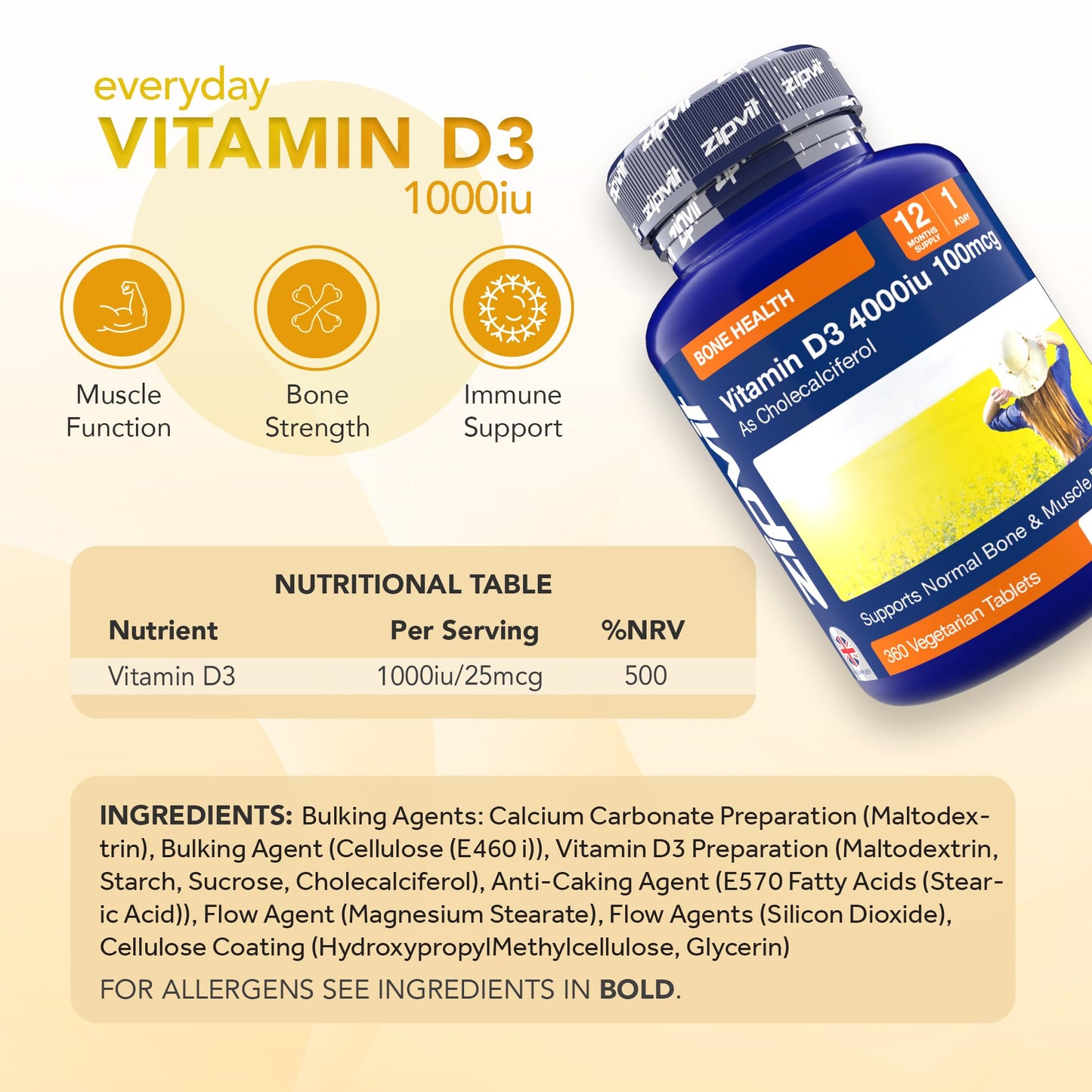 Zipvit Vitamin D 1000IU, 1 Year Supply, 365 Vegetarian D3 Tablets, High Absorption, Easy-to-Swallow Vitamin D Tablets for Immune, Bone & Muscle Health