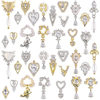 36 Pcs Luxury Nail Charms, TEBANKU 3D Dangle Nail Art Rhinestones Gold Silver Heart Pearl Crystal Gems Nail Diamond for Girl Women DIY Nail Design Craft Jewelry Making