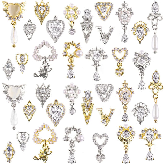 36 Pcs Luxury Nail Charms, TEBANKU 3D Dangle Nail Art Rhinestones Gold Silver Heart Pearl Crystal Gems Nail Diamond for Girl Women DIY Nail Design Craft Jewelry Making