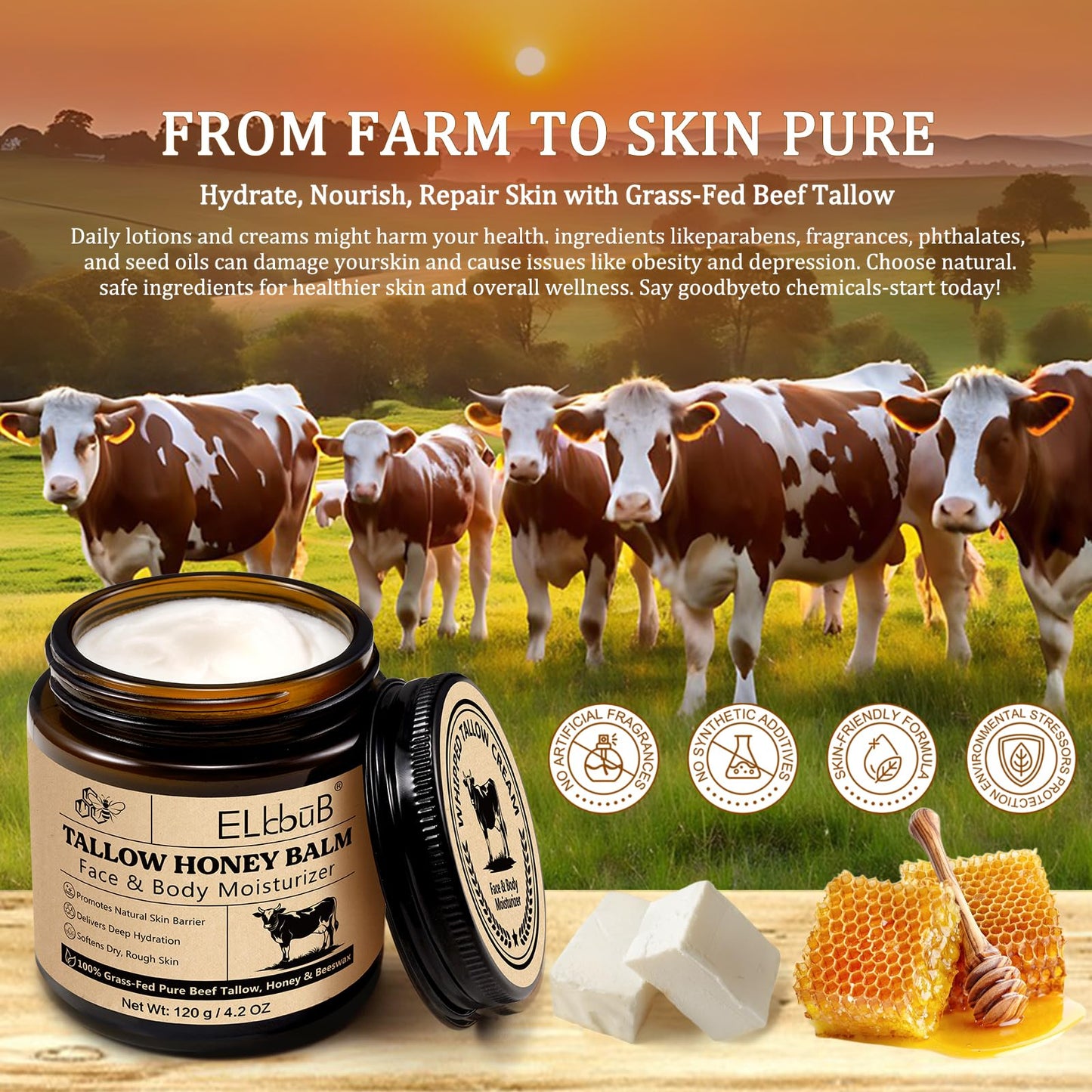Whipped Tallow Cream for Face & Body - 100% Grass-Fed Beef Tallow, Natural Honey & Beeswax Moisturizer, Deep Hydration & Nourishment, Oil-Free & Unscented, Fast Absorbing