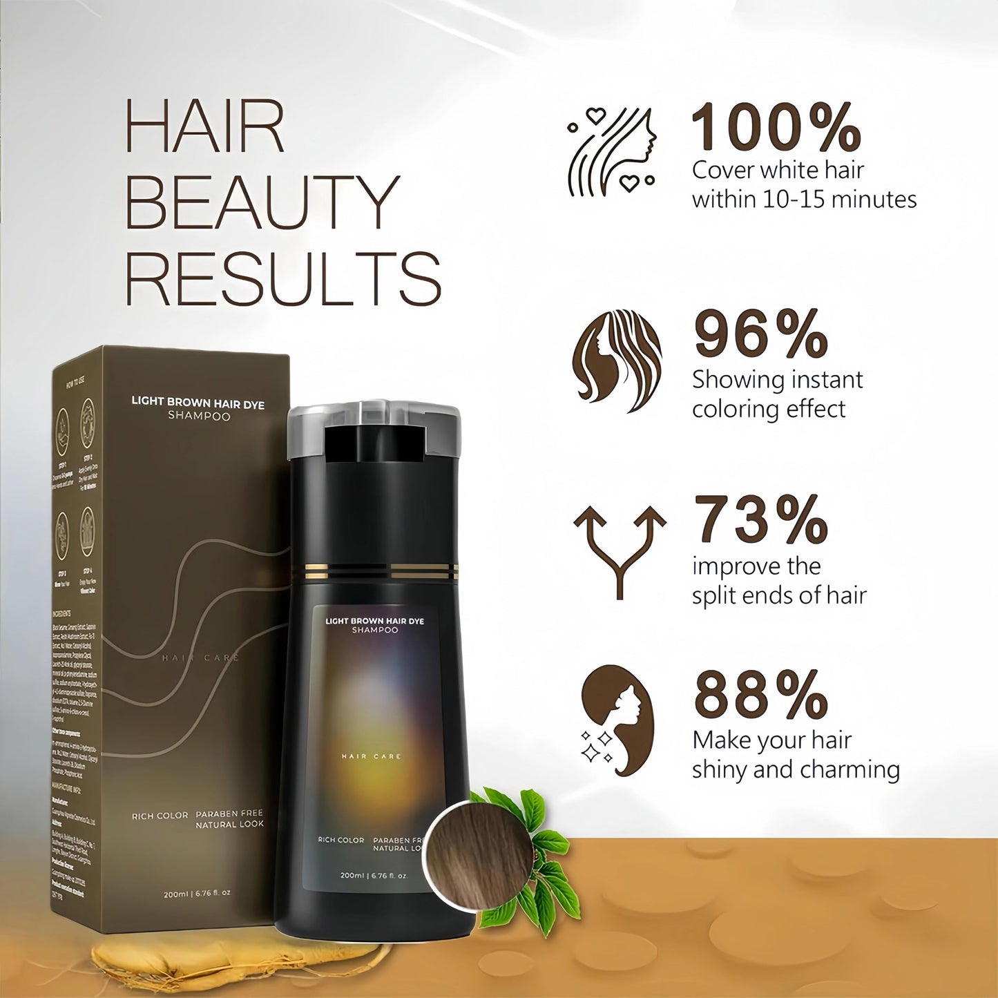 OunTechGlory 3-in-1 Instant Hair Dye Shampoo - Light Brown, Polar Hair Dye, Semi Permanent Dye, Color Treated & Grey Coverage Shampoo