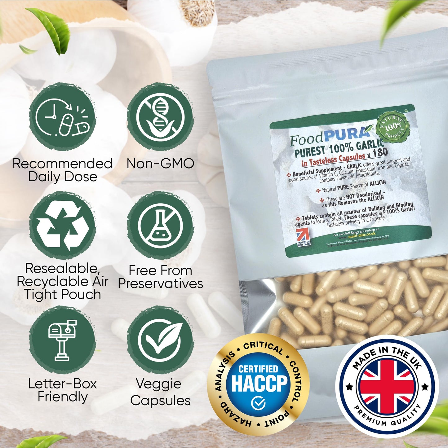 FoodPURA Pure Garlic Capsules Recommended Daily Strength 1000mg HACCP Certified, Manufactured in The UK by FoodPURA 1 Pack of 180 Capsules