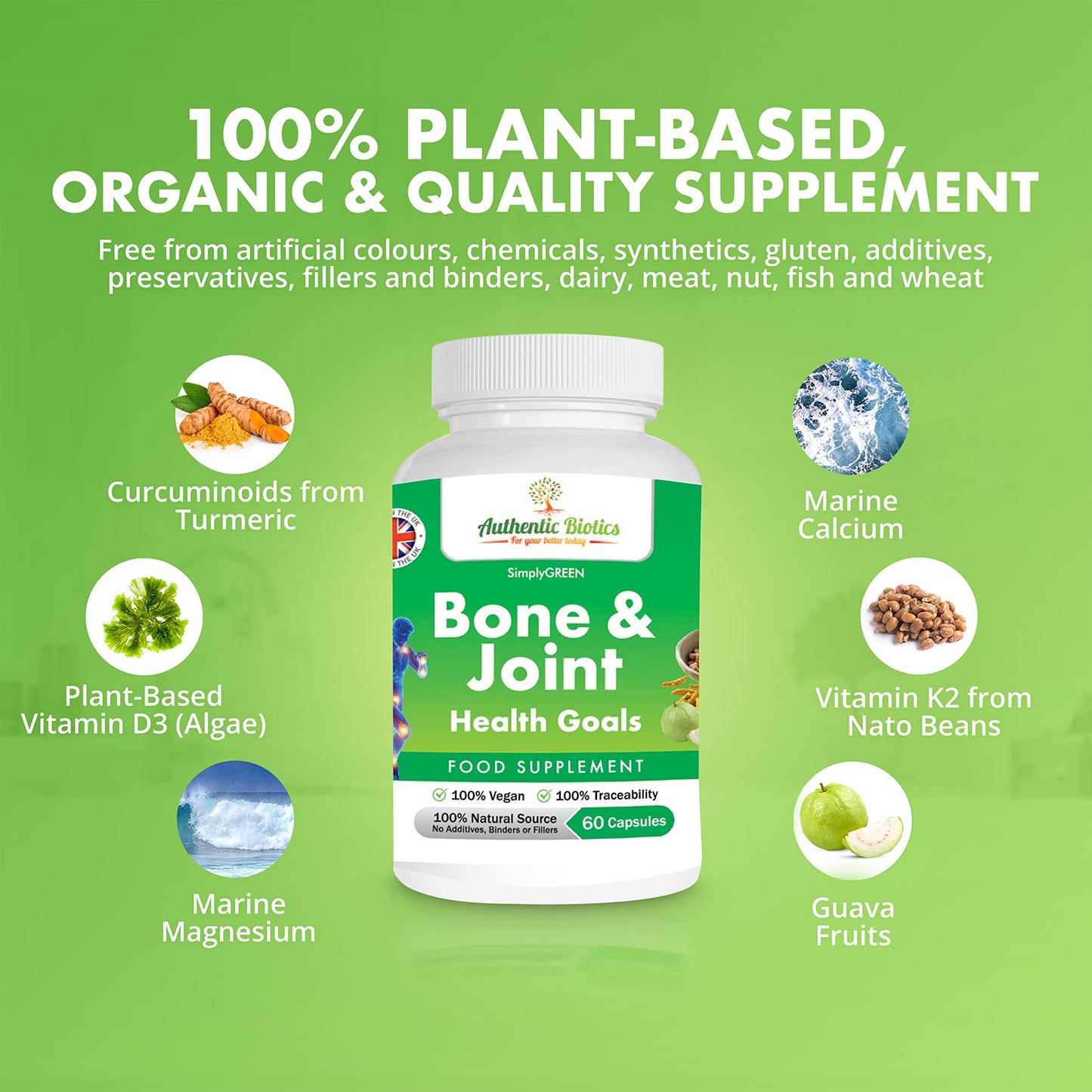 Authentic Biotics – 60 100%Natural Multivitamins for Men & Women, Vegan Vitamin D3, Calcium Magnesium Zinc K2 & Turmeric with Curcuminoids, Multivitamin and Minerals for Bone Health & Joint Care