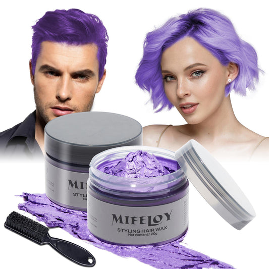 2 Pcs 120g Temporary Purple Hair Color Wax with Dye Brush, Instant Natural Violet Hairstyle Cream, Disposable Coloring Mud for Men Women Youth, Washable Styling Pomades for Party Cosplay Halloween