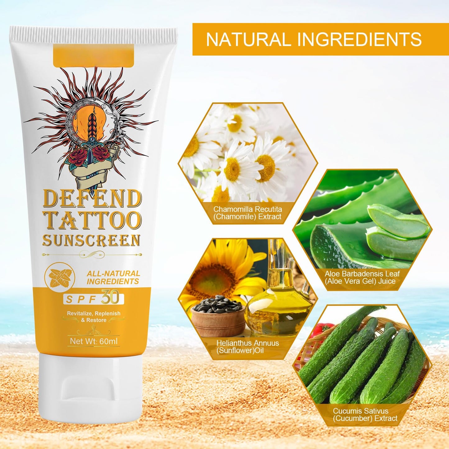 Trendyfave Tattoo Care Sunscreen - Tattoo Sun Cream Spf 30, Tattoo Sun Protection, Very Water+Sweat Resistant Natural Sunscreen, Tattoo Aftercare Suncream Lotion,Tattoo Fade Protection, 60ml
