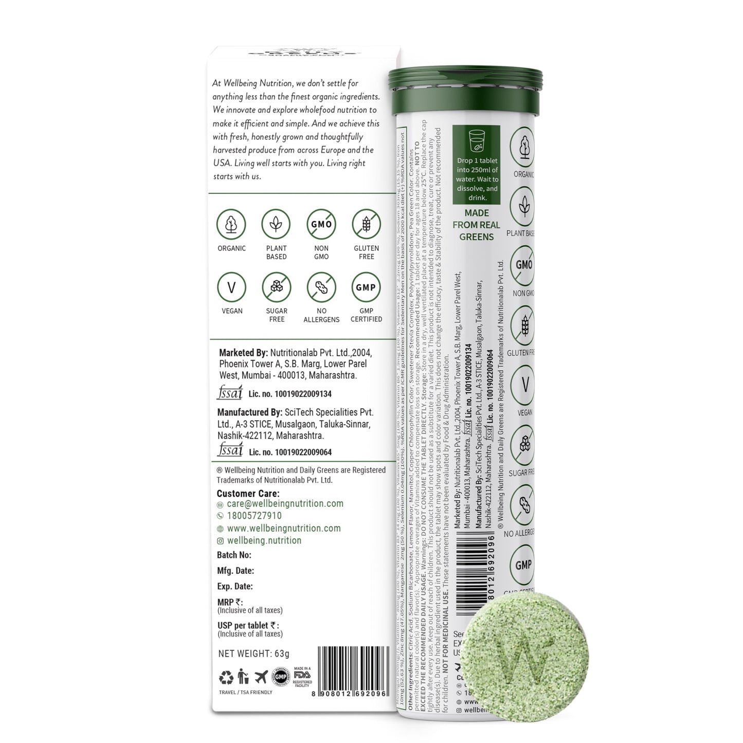 Wellbeing Nutrition Daily Greens | Wholefood Multivitamins with Vitamin C, Zinc, B6 for Immunity & Detox with Organic Certified Plant Superfoods & Antioxidants (15 Effervescent Tablets)