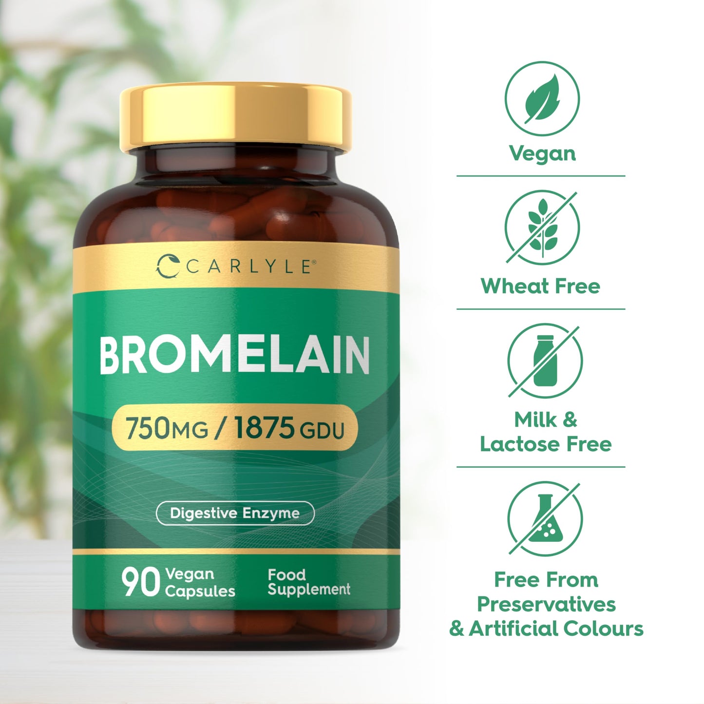 Bromelain High Strength 750mg | 1875 GDU | 90 Vegan Capsules | Digestive Enzyme Supplement | by Carlyle