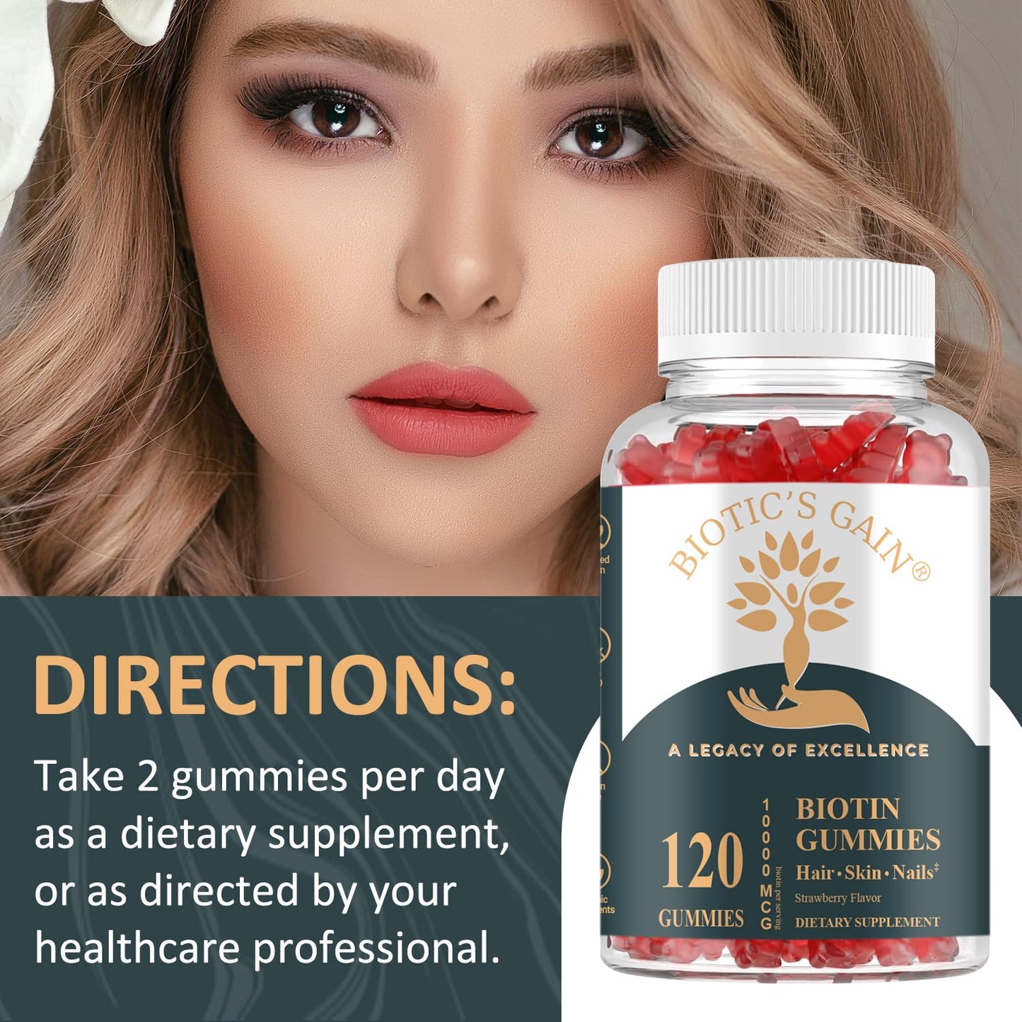 Biotic's Gain Biotin Gummies, 10000 mcg, Hair Skin and Nail Support, with Vitamins A C D E B6 B12 and Zinc, Vegan, Sugar Free, 120 Count